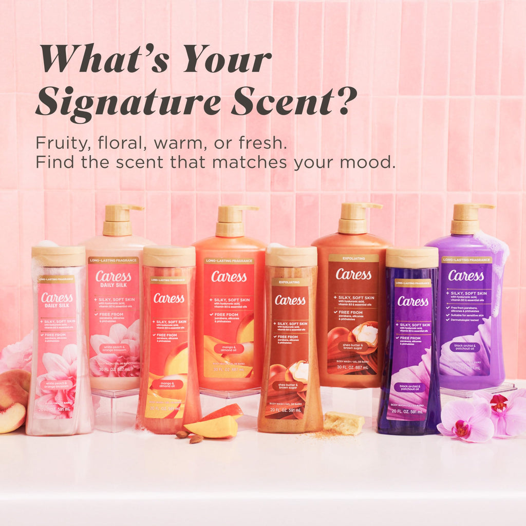 Caress Body Wash for Women, Daily Silk White Peach & Orange Blossom, Shower Gel Body Wash Moisturizing for Noticeably Silky, Soft Skin, 20 fl oz, 4 Pack