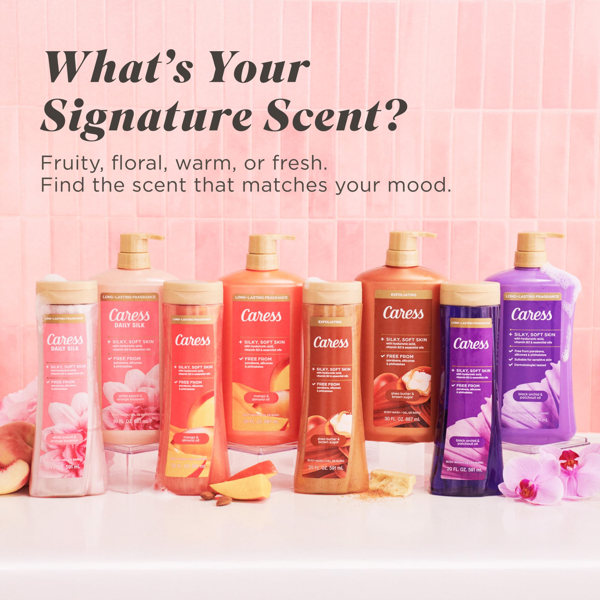 Caress Body Wash for Women, Daily Silk White Peach & Orange Blossom, Shower Gel Body Wash Moisturizing for Noticeably Silky, Soft Skin, 20 fl oz, 4 Pack