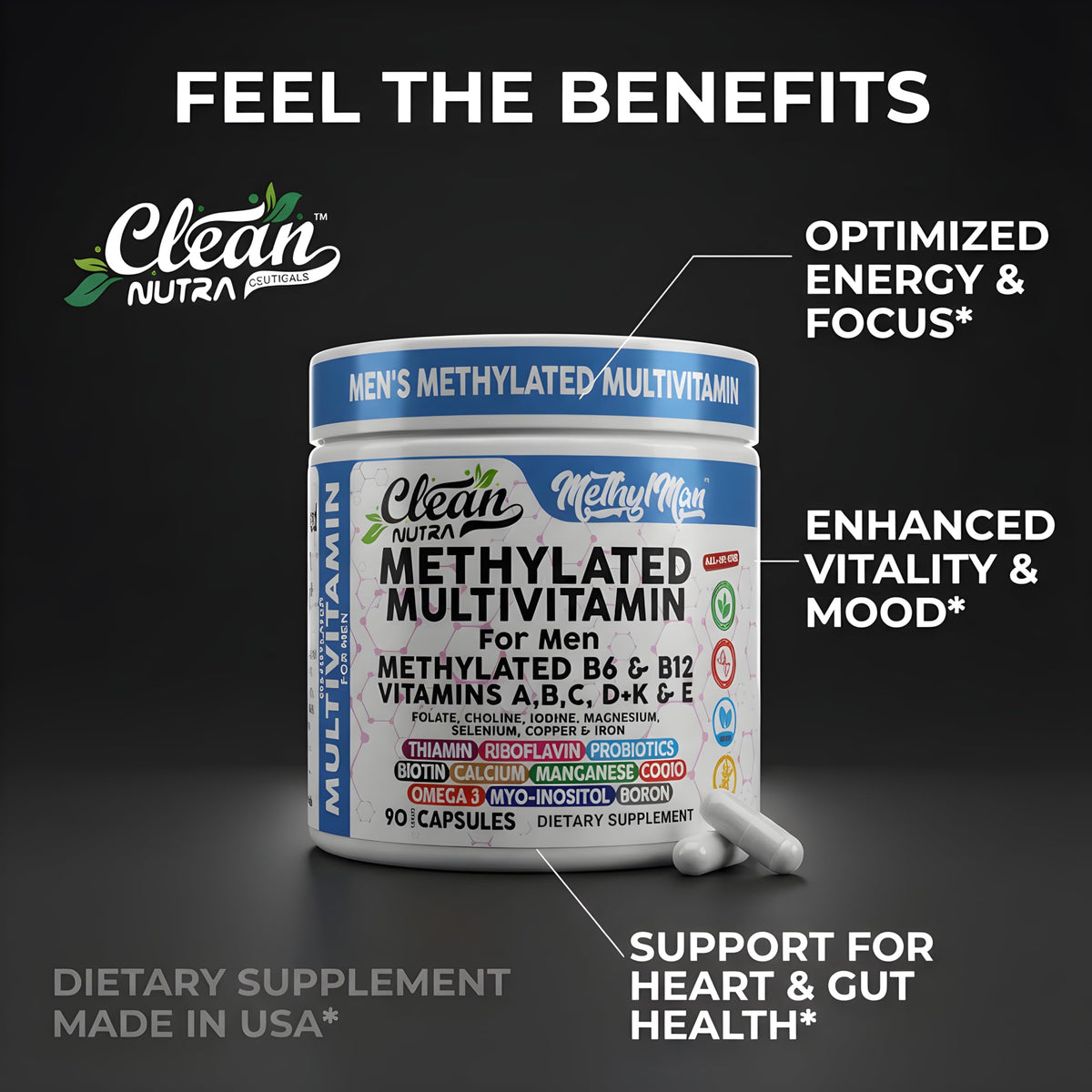 Methylated Multivitamin for Men with Vitamin B12 B6 Choline Magnesium Selenium CoQ10 Iodine Manganese Iron Boron Copper Thiamin Riboflavin Biotin Probiotics Omega 3 | Vegetarian Capsules Mens Vitamins