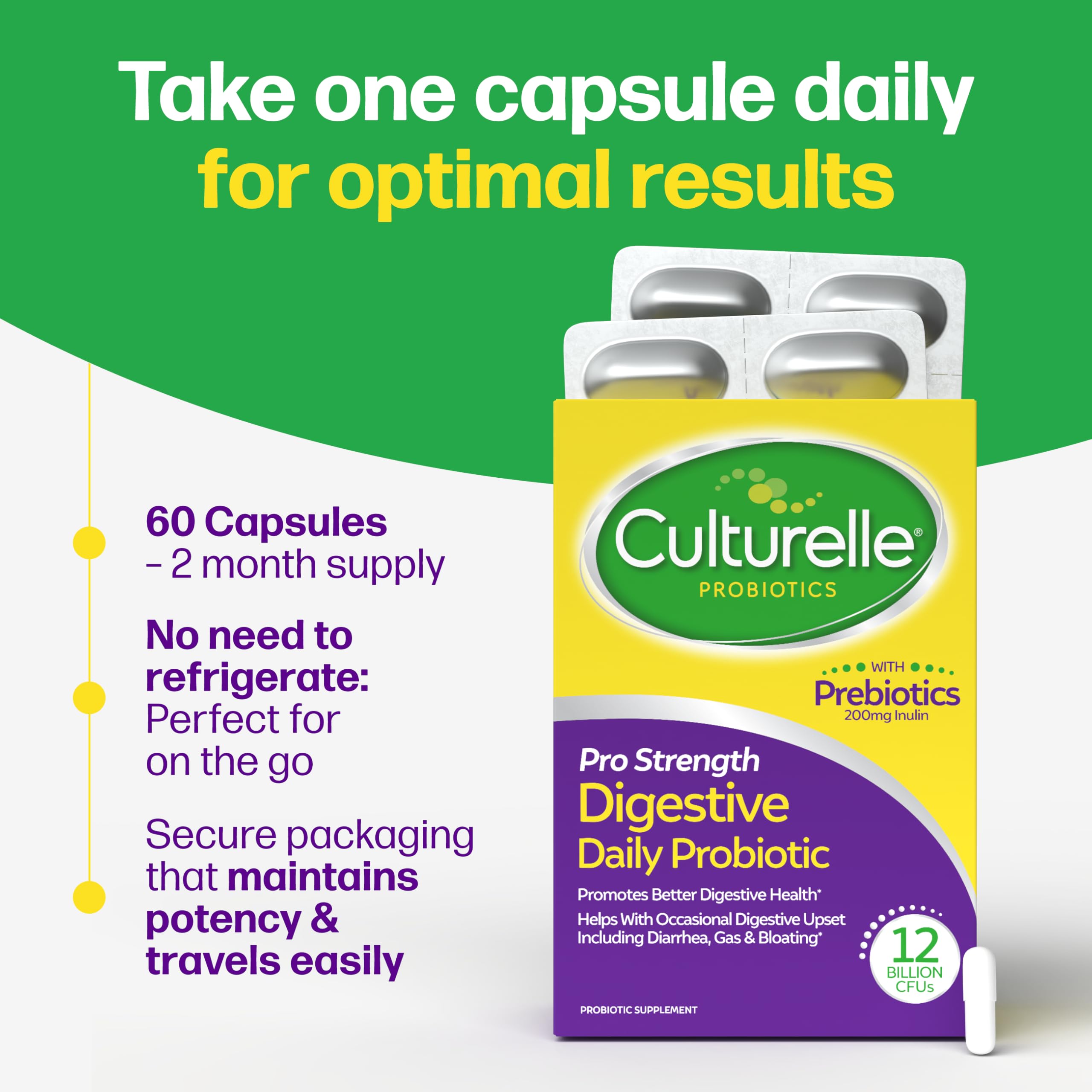 Culturelle Pro Strength Probiotics for Digestive Gut Health*, 12B CFU, 60ct | Daily Prebiotic Probiotic for Women & Men, Synbiotic, Lactobacillus Rhamnosus GG, No Refrigeration Needed, 2 Month Supply