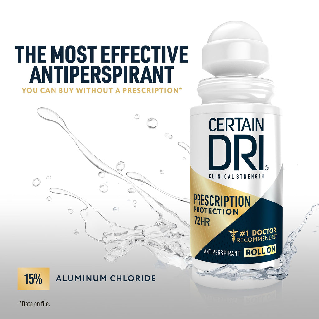 Certain Dri Prescription Strength Clinical Antiperspirant Roll-On, 1.2 oz | 72-Hour Sweat & Odor Protection for Excessive Sweating & Hyperhidrosis, 15% Aluminum Chloride, Fragrance-Free