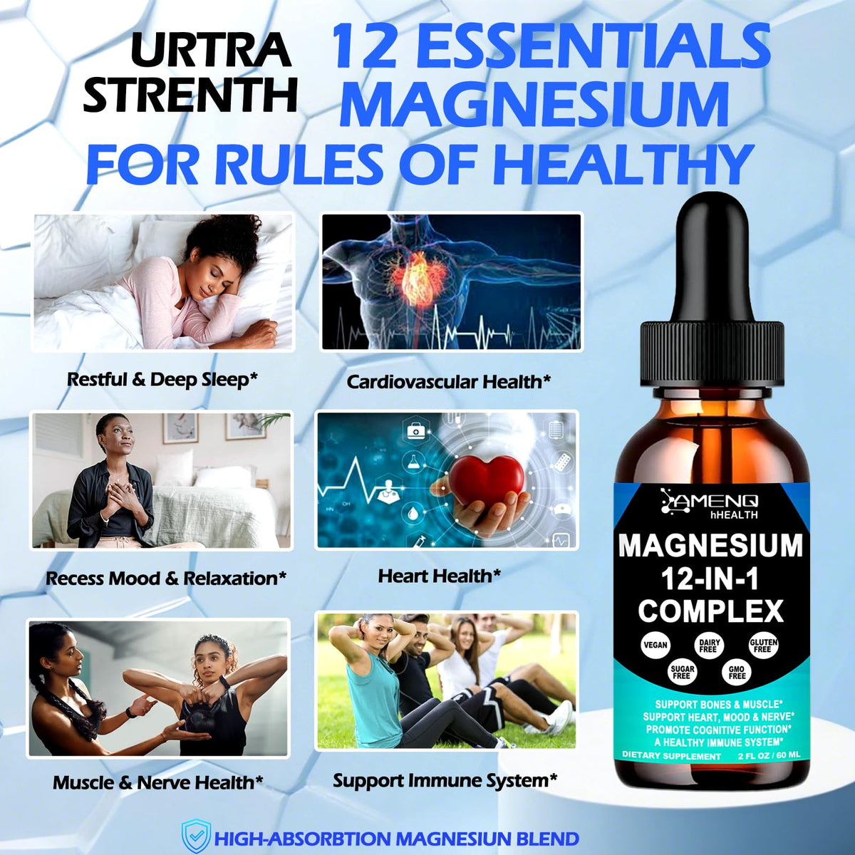 Magnesium Complex for Women & Men, Magnesium 12 in 1 Liquid Supplement, 2Oz