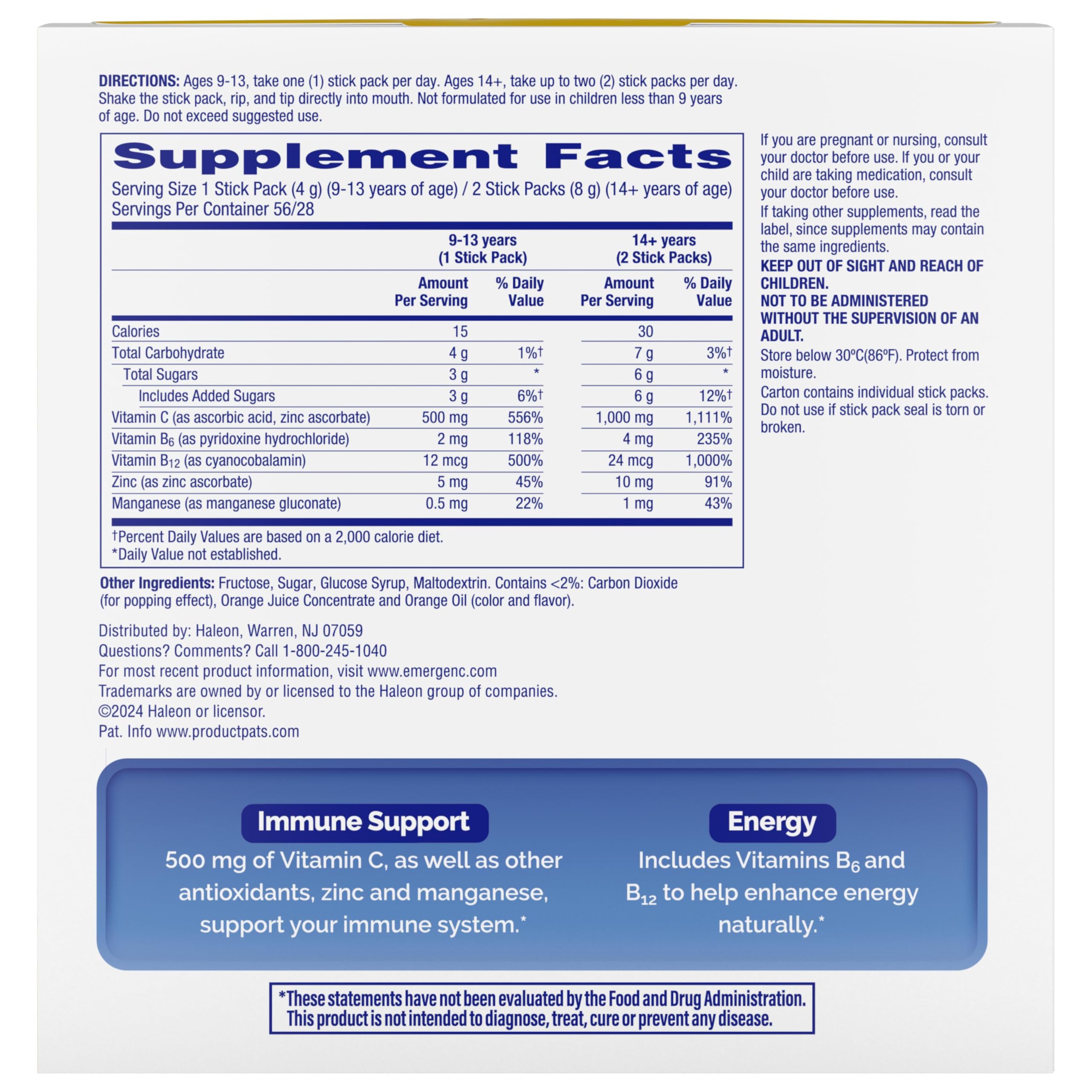 Emergen-C Vitamin C 500mg, Immune Support Crystals, Orange, 56 Packets | High Potency Vitamin C, B Vitamins for Energy, Zinc and Manganese, No Water Needed, Easy Pouch Format