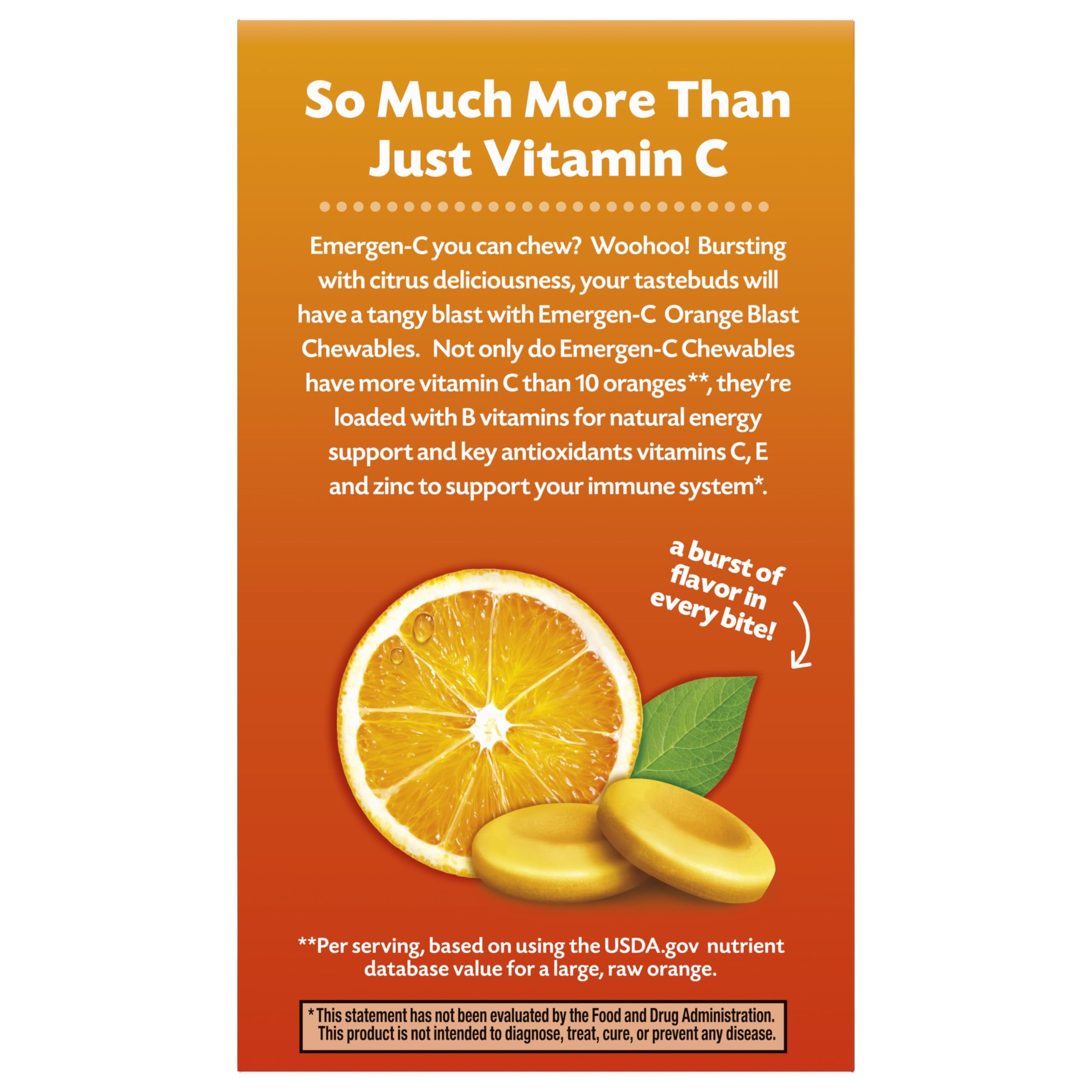 Emergen-C Vitamin C 1000mg Immune Support Chewables, Orange, 40 Tablets | Chewable Tablets, B Vitamins, Zinc and Manganese, No Water Needed, More Vitamin C than 10 Oranges