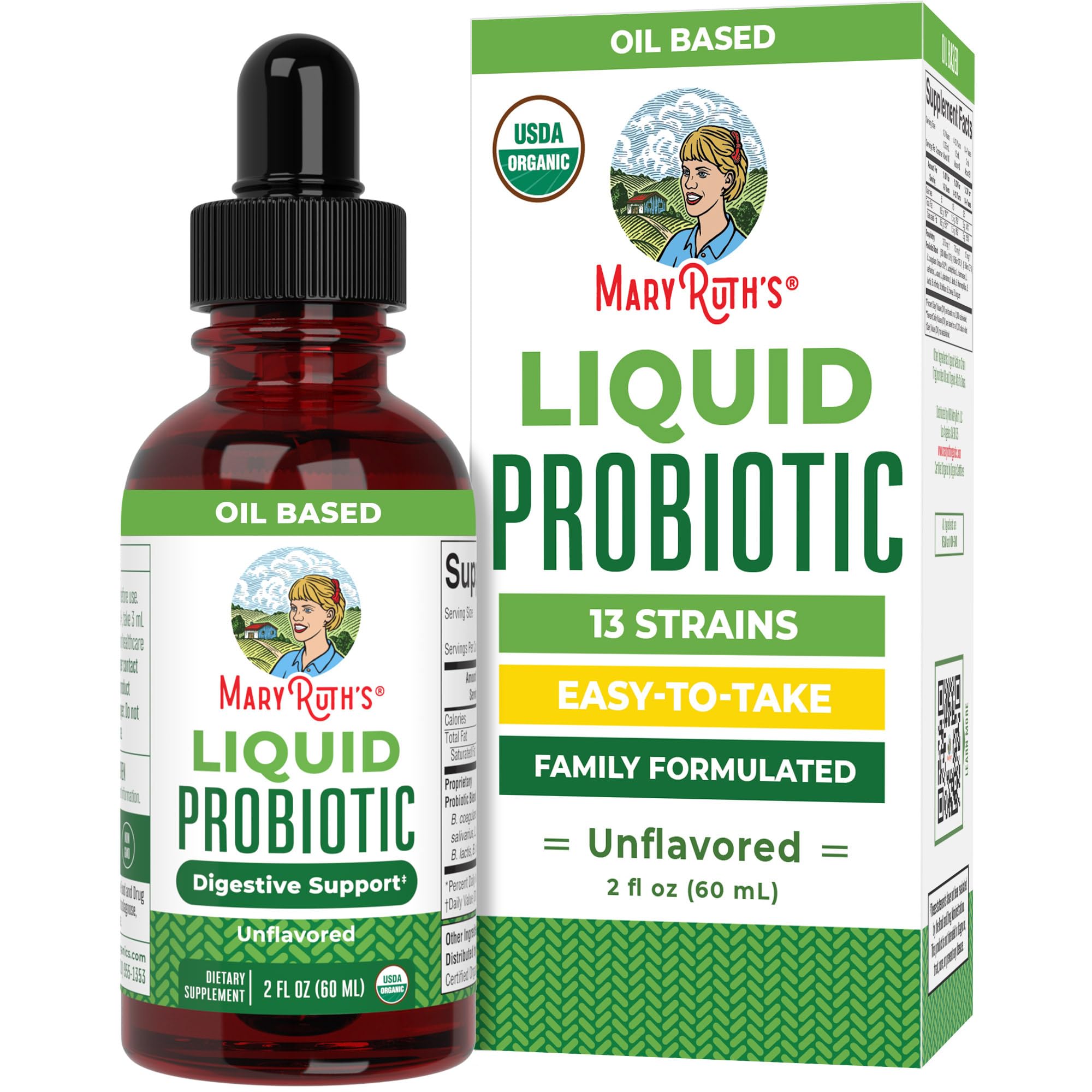 MARYRUTH'S Organic Liquid Probiotic, Digestive & Gut Health, 40 Servings | USDA Organic Formula, 13 Probiotic Strains, Up to 2 Billion CFU, Gut & Digestive Support