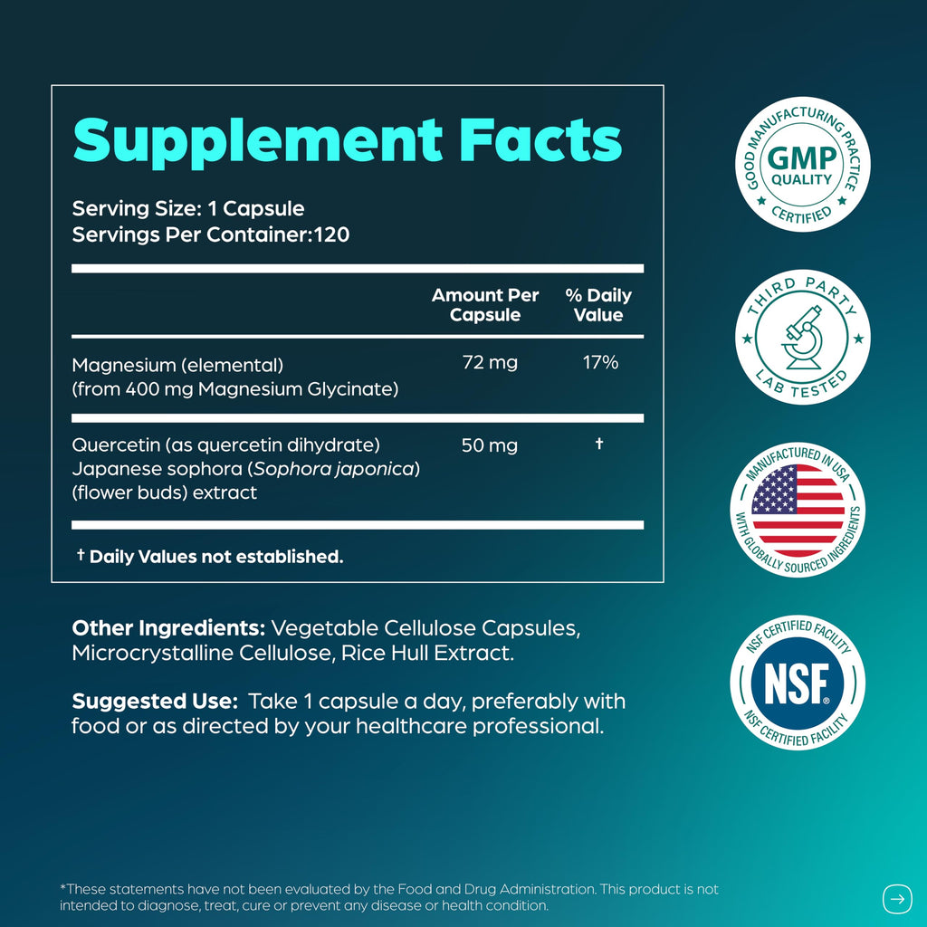 Magnesium Glycinate 400mg Capsules with Quercetin for Men & Women 120 Count | Pure Chelated Magnesium For Good Sleep, Relaxation | High Absorption, USA Made NSF GMP Certified 3rd Party Tested | Sandhu's