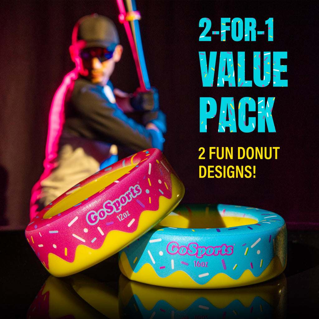 GoSports Baseball and Softball Bat Donuts - 2 Pack Baseball Drip Bat Weights - 16 oz & 12 oz