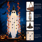 Halloween Decorations Outdoor, 5.4FT Large Hanging Swing Ghost Outdoor Decor with Witch Hat & Maple Leaf Vine, Remote Control LED Lights 8 Modes, Halloween Ghost Decorations for Front Porch Yard Tree