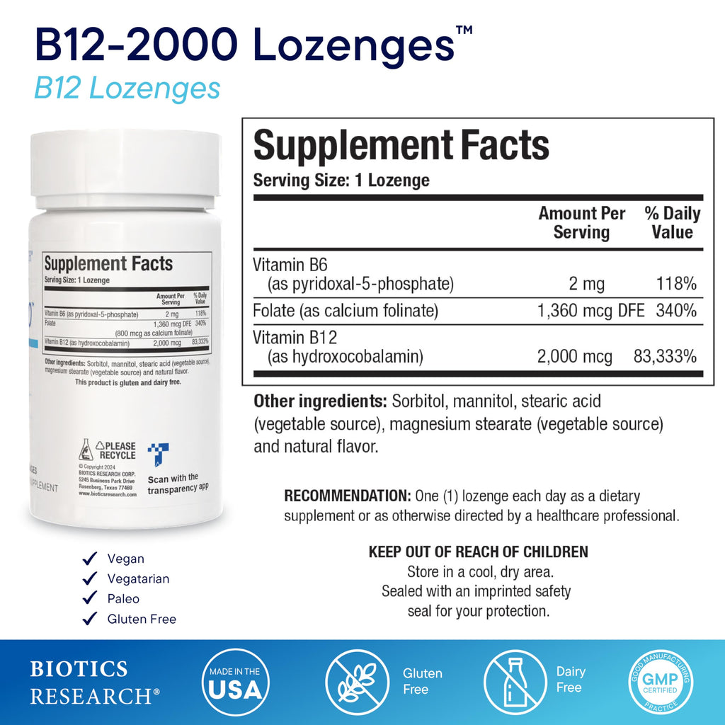 BIOTICS RESEARCH B12-2000™ Vitamin B12 2000 mcg, B6, Folate - 60 Lozenges