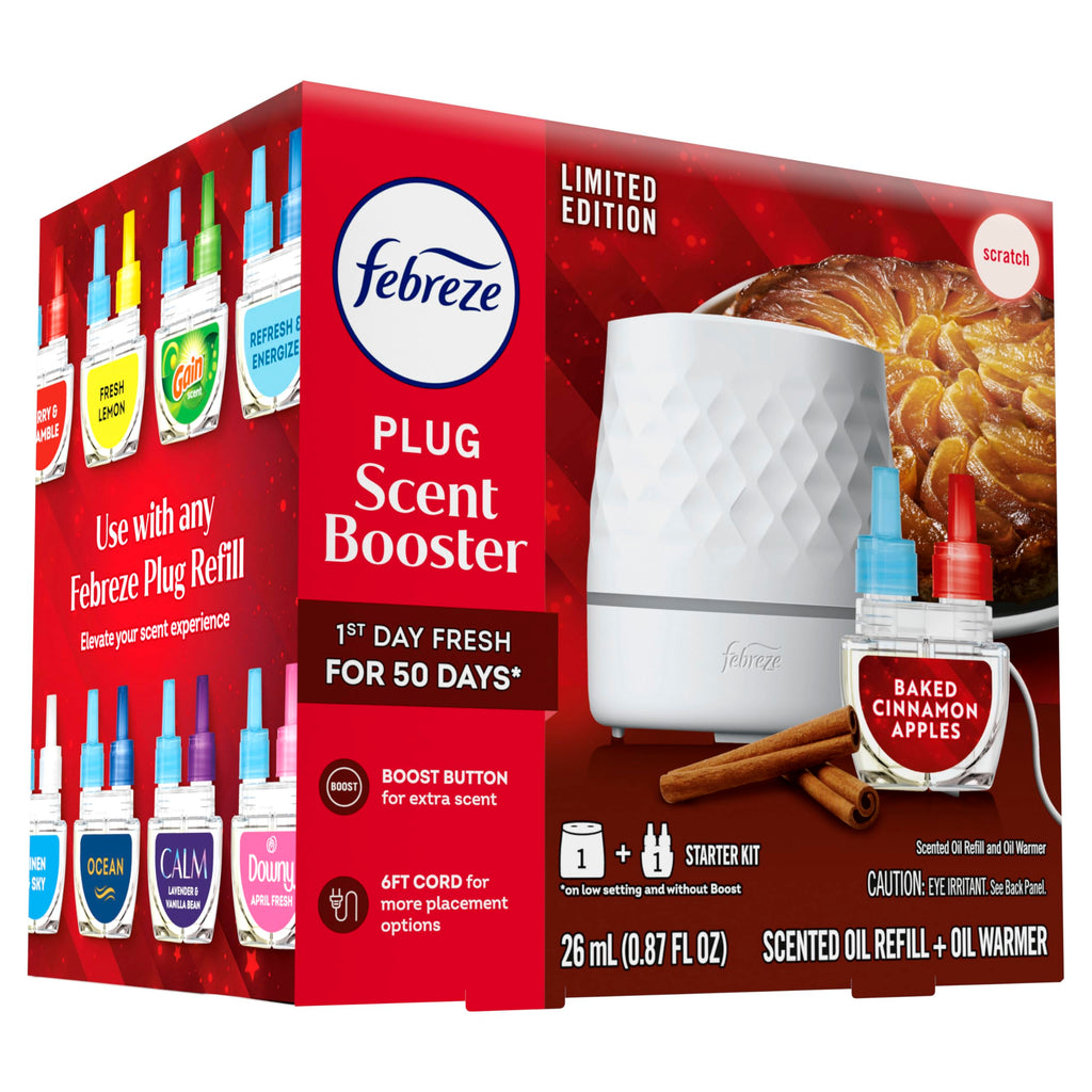 Febreze Plug Scent Booster Starter Kit, Oil Diffuser, Air Freshener Plug in, Continuous Scent, 2 Devices + 2 Baked Cinnamon Apple Refill
