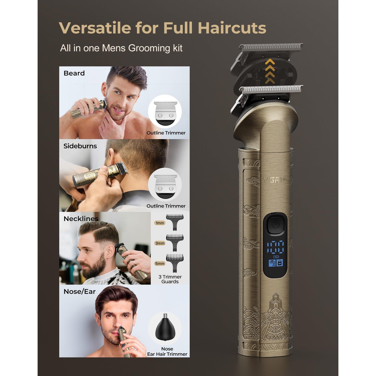 VGRPRO Hair Clippers for Men Professional, Cordless Clipper and Trimmer Set | 7000RPM Grooming Kit with EVA Case, LED display, 14 Guide Combs (including Right & Left Ear Taper Combs), Nose Trimmer Head