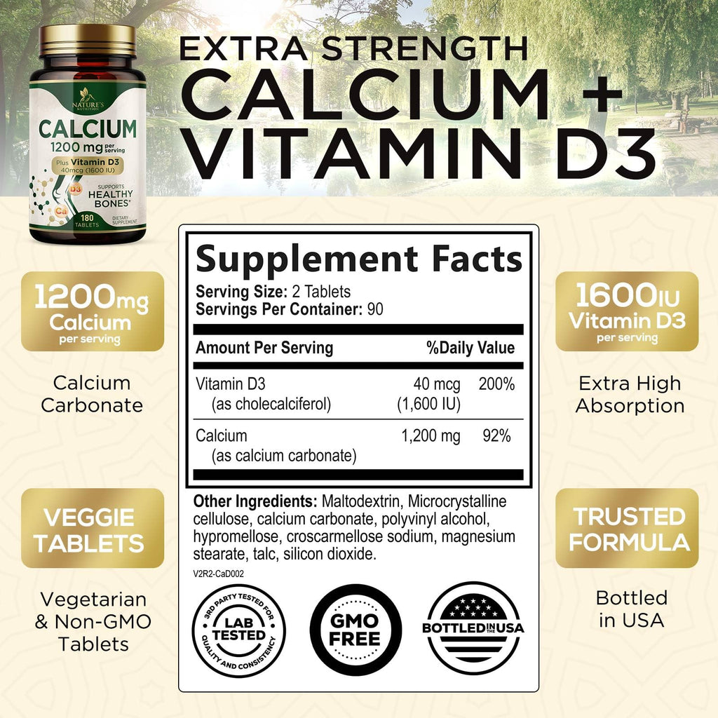 Calcium 1200 mg with Vitamin D3 - Bone Health Supplement, Vitamin D & Calcium Supplements for Women & Men - Bone Strength, Teeth & Immune Support, Nature's Calcium Pills, Bottled in USA - 180 Tablets