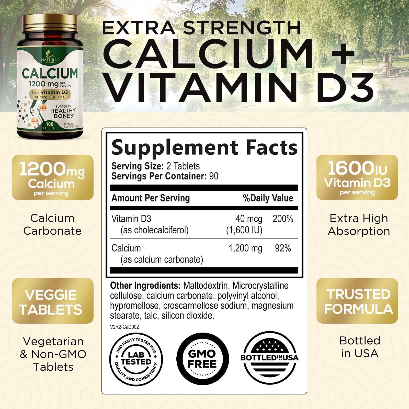 Calcium 1200 mg with Vitamin D3 - Bone Health Supplement, Vitamin D & Calcium Supplements for Women & Men - Bone Strength, Teeth & Immune Support, Nature's Calcium Pills, Bottled in USA - 180 Tablets
