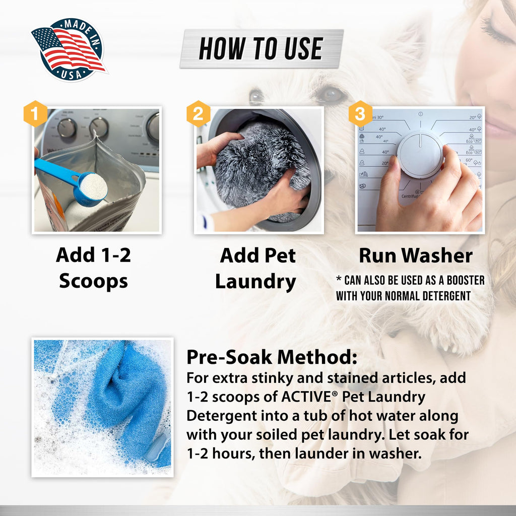 Pet Laundry Detergent Odor Remover - ACTIVE Enzyme Based Powder Detergent for Dogs Beds, Cat Pee, HE Washer Friendly Natural Enzymatic Deodorizer, Urine, Smell, Dog Drool, Stain Eliminator - 64 Loads