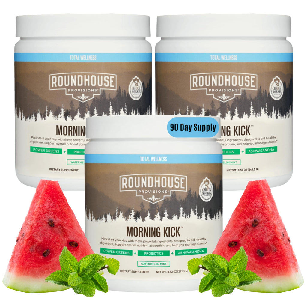 ROUNDHOUSE PROVISION Morning Kick Greens Powder, Watermelon Mint, 3 Pack | Greens Superfood Powder for Gut Health, Sugar Free, Caffeine Free, Ashwagandha, Collagen Peptides, Probiotics, Chuck Norris