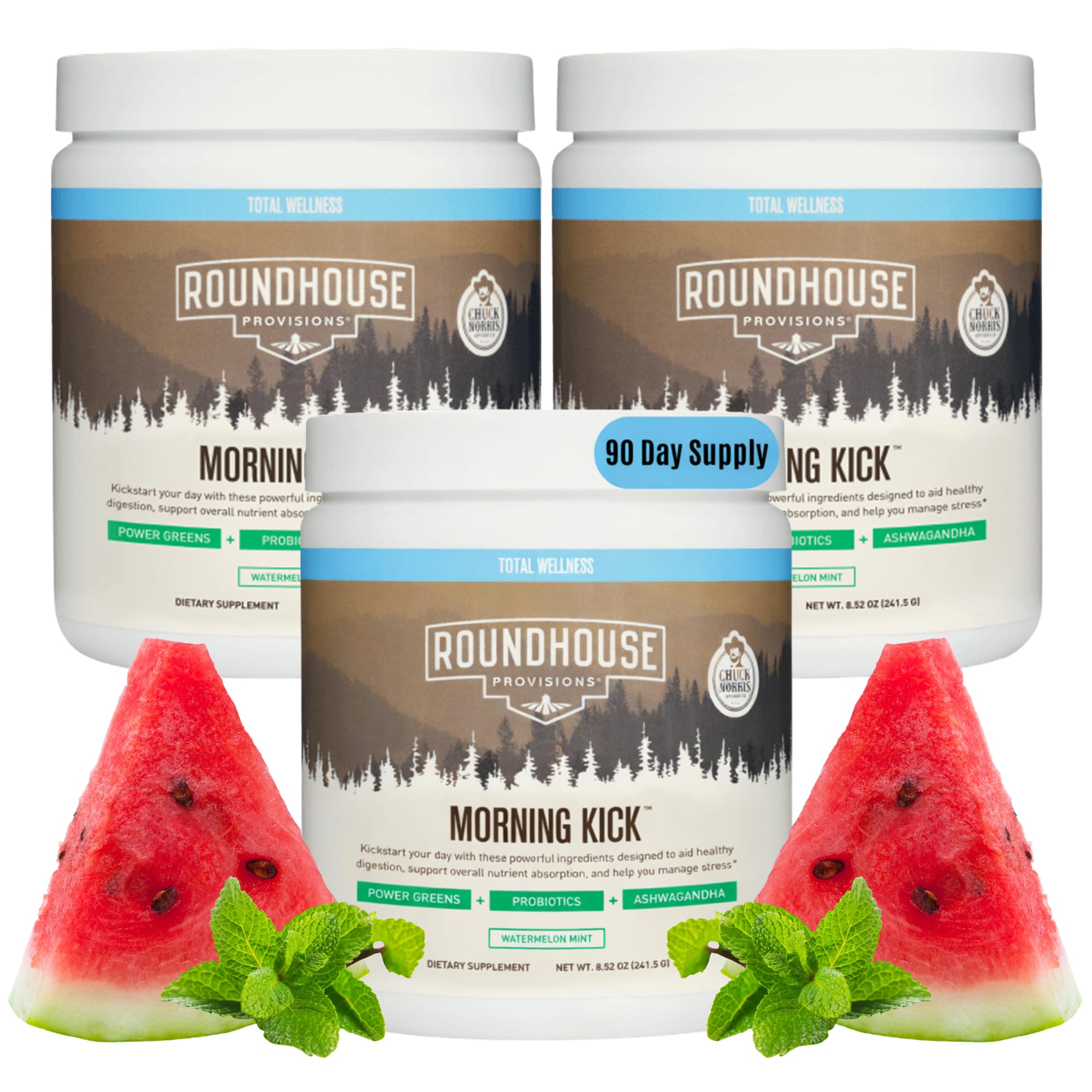 ROUNDHOUSE PROVISION Morning Kick Greens Powder, Watermelon Mint, 3 Pack | Greens Superfood Powder for Gut Health, Sugar Free, Caffeine Free, Ashwagandha, Collagen Peptides, Probiotics, Chuck Norris