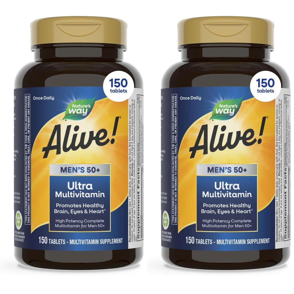 Nature's Way Alive! Men's 50 Plus Ultra Potency Multivitamin, 150 ct | Complete High Potency Formula with Vitamin D3, C, E, Methyl B12, Supports Cellular Energy, Heart, Brain, and Eye Health*