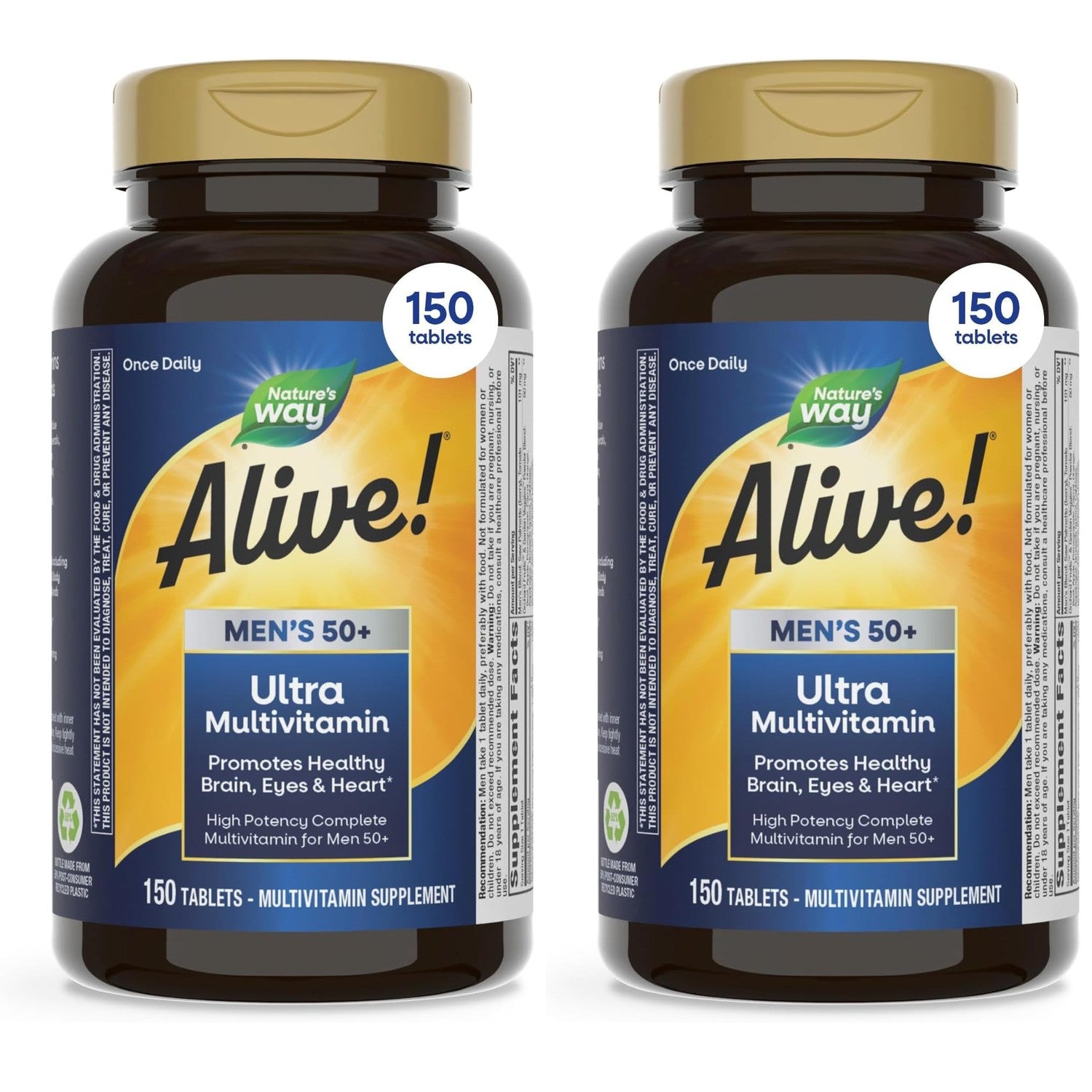 Nature's Way Alive! Men's 50 Plus Ultra Potency Multivitamin, 150 ct | Complete High Potency Formula with Vitamin D3, C, E, Methyl B12, Supports Cellular Energy, Heart, Brain, and Eye Health*