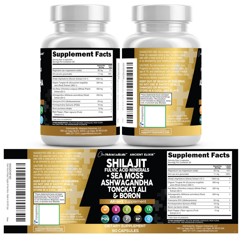 Clean Nutraceuticals Shilajit Supplement for Men with Sea Moss, Tongkat Ali, Ashwagandha, Boron, Zinc, CoQ10, PQQ - Fulvic Acid Capsules - Energy Support - 90 Count - Resin, Gummy & Powder Alternative