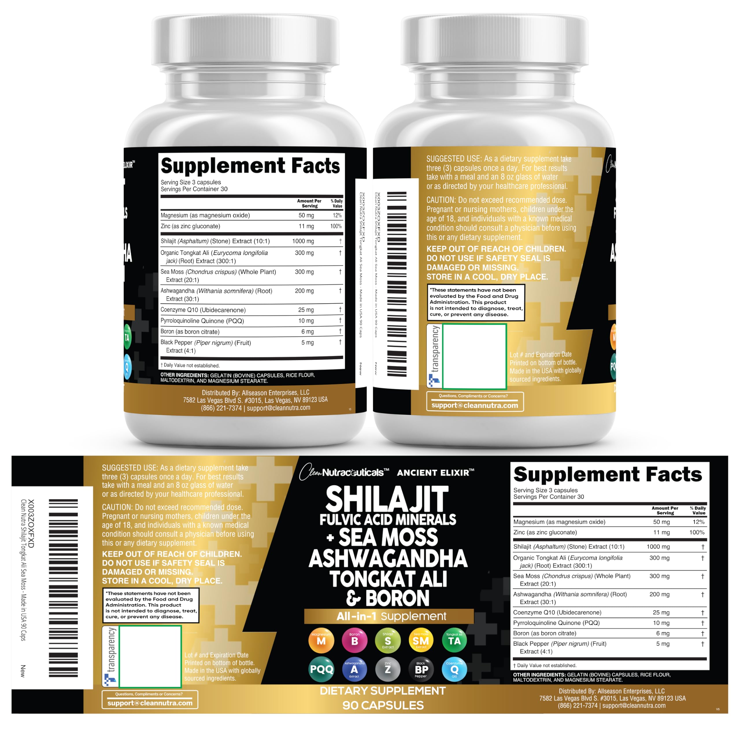 Clean Nutraceuticals Shilajit Supplement for Men with Sea Moss, Tongkat Ali, Ashwagandha, Boron, Zinc, CoQ10, PQQ - Fulvic Acid Capsules - Energy Support - 90 Count - Resin, Gummy & Powder Alternative