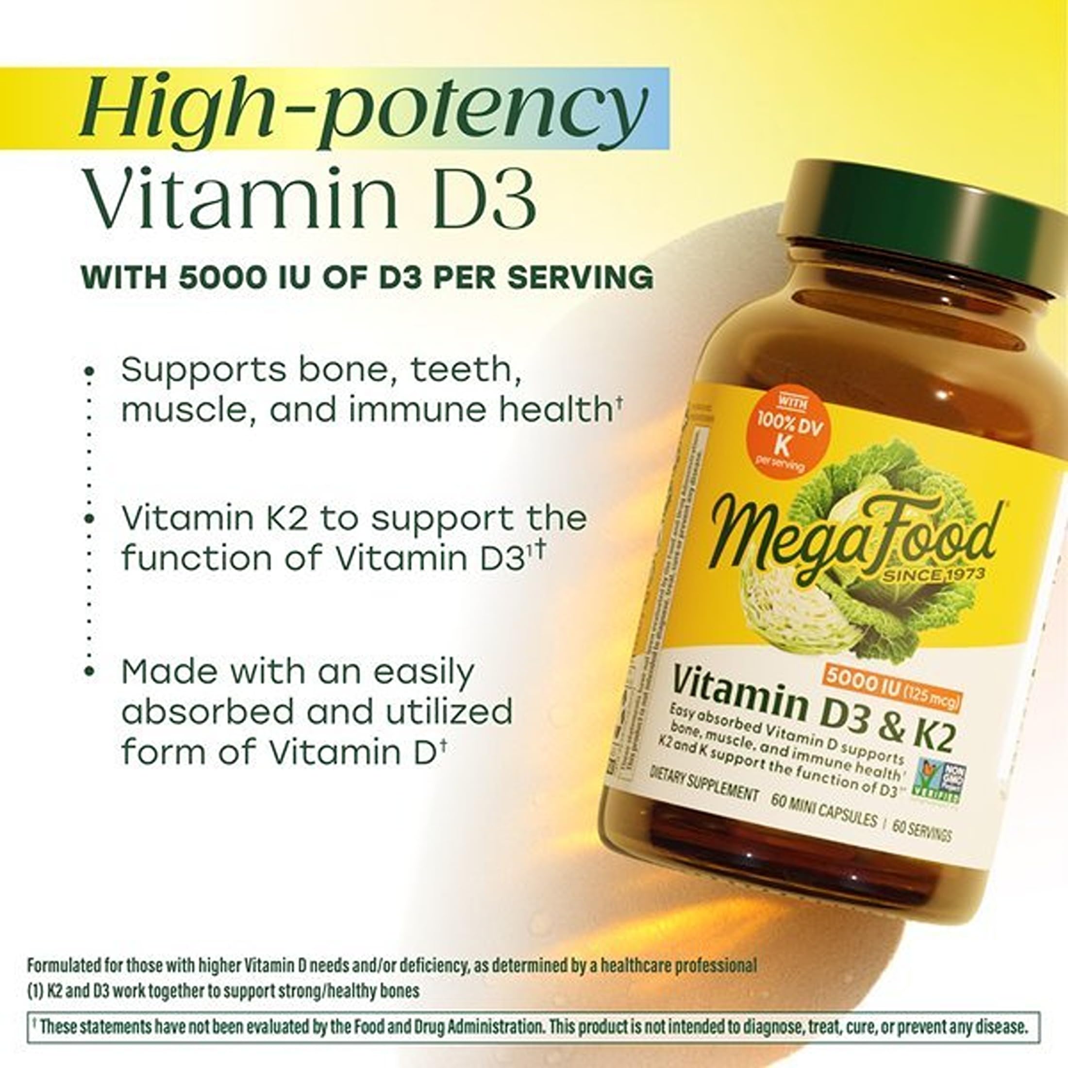 MegaFood Vitamin D3 & K2 5000 IU (125 mcg), 60 Mini Capsules | Supports Bone, Teeth, Muscle & Immune Health, Vitamin K2 & K Support the Function of D3, Non-GMO, Vegetarian, 60 Servings