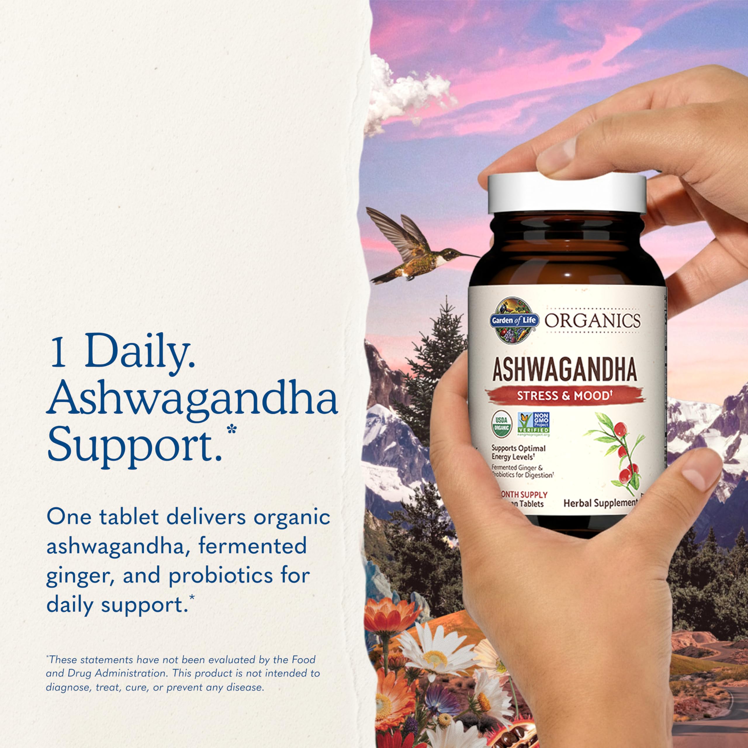 Garden of Life Organic Ashwagandha Supplement with Probiotics & Ginger - Stress, Mood & Energy Support, Vegan, Gluten Free, Non GMO, 2 Month Supply, 60 Tablets