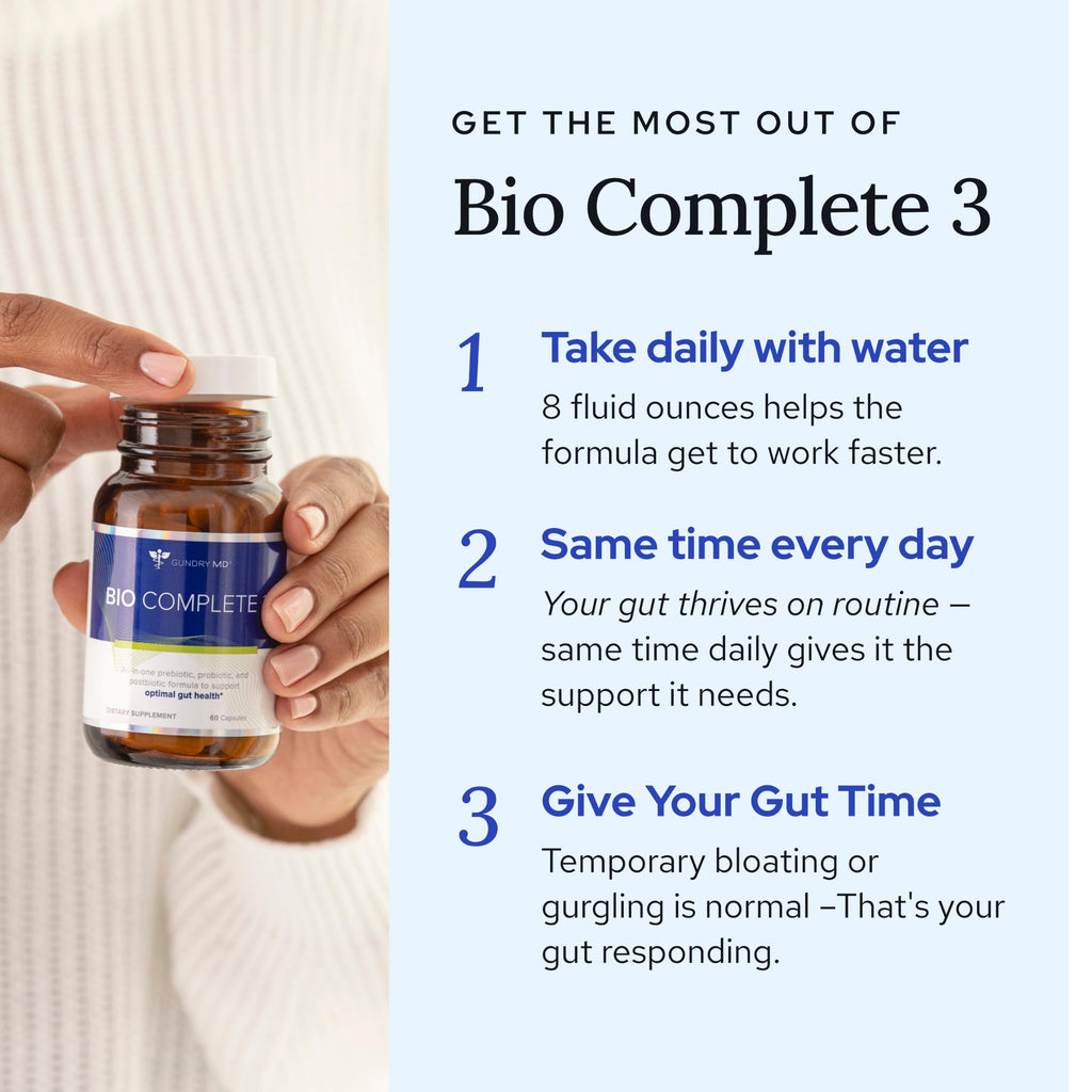 Gundry MD Bio Complete 3, 3-in-1 Probiotics, Pre & Postbiotics, 30 Servings | Certified Gluten Free, Certified Vegetarian, Supports Better Digestion, Bowel Movements & Energy, Keto Friendly, Sugar Free
