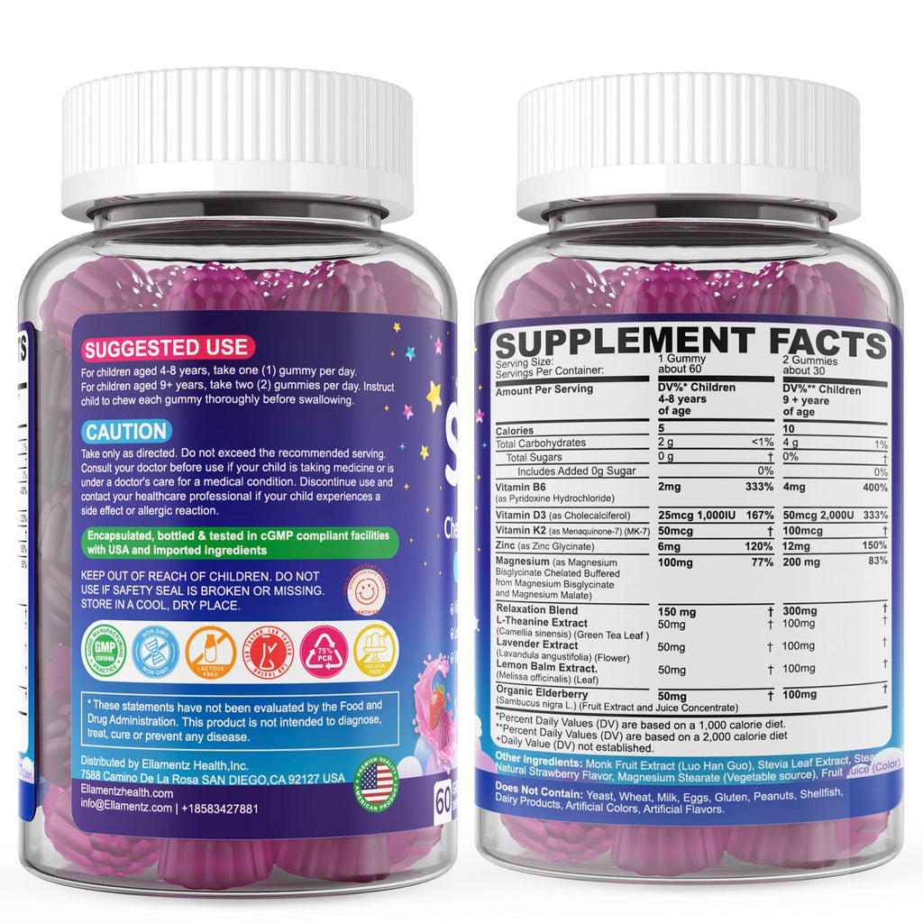 Kids Sleep Gummies, NO Melatonin Sleep Aid Gummies w/ Magnesium Glycinate, Magnesium Malate, L-Theanine, Lavender, B6, Zinc, D3K2 for Restful Sleep, Relax Brain & Muscle, Immune Support, Non-GMO 2Pack