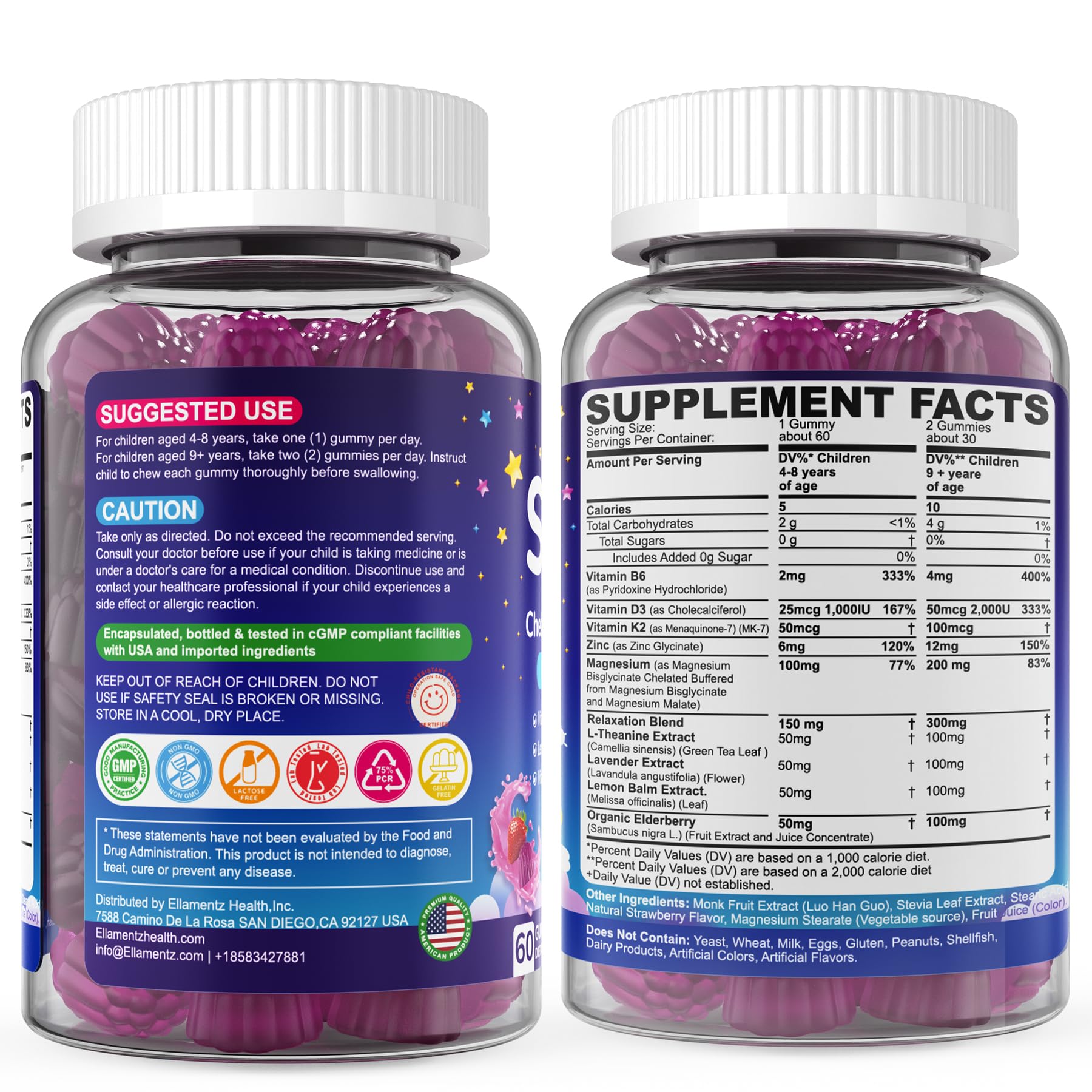 Kids Sleep Gummies, NO Melatonin Sleep Aid Gummies w/ Magnesium Glycinate, Magnesium Malate, L-Theanine, Lavender, B6, Zinc, D3K2 for Restful Sleep, Relax Brain & Muscle, Immune Support, Non-GMO 2Pack
