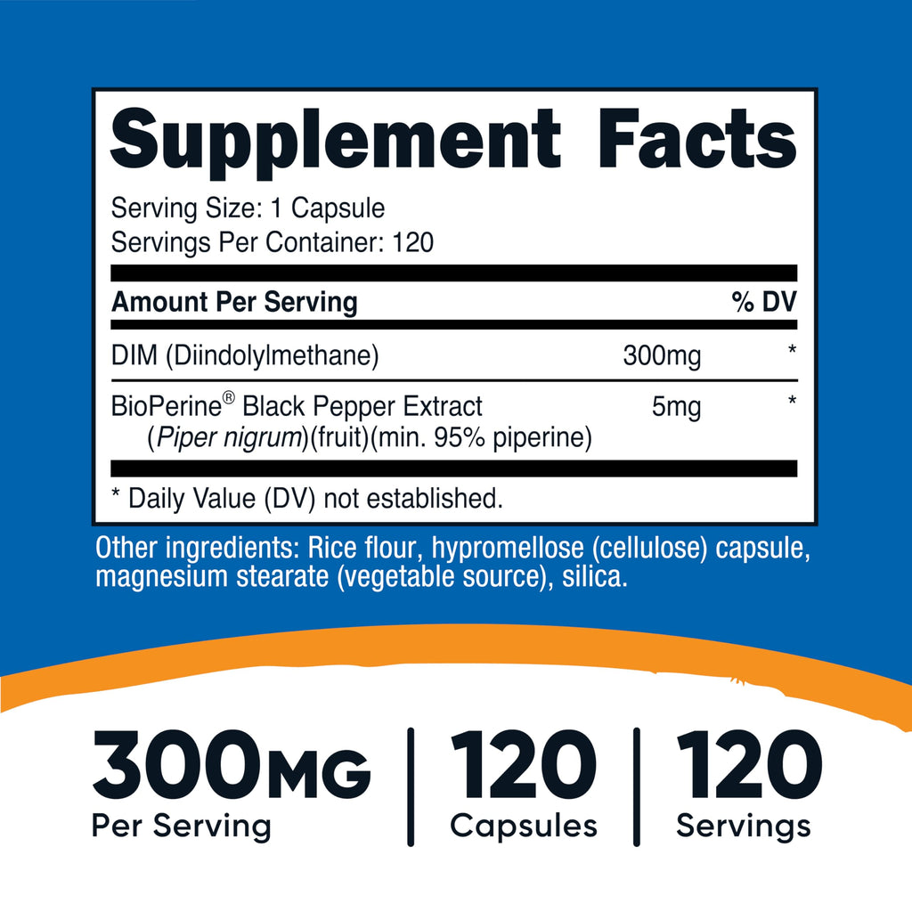 Nutricost DIM Plus BioPerine 300mg, 120 Vegetarian Capsules | Up to 4 Month Supply, Max Strength DIM Supplement, Diindolylmethane