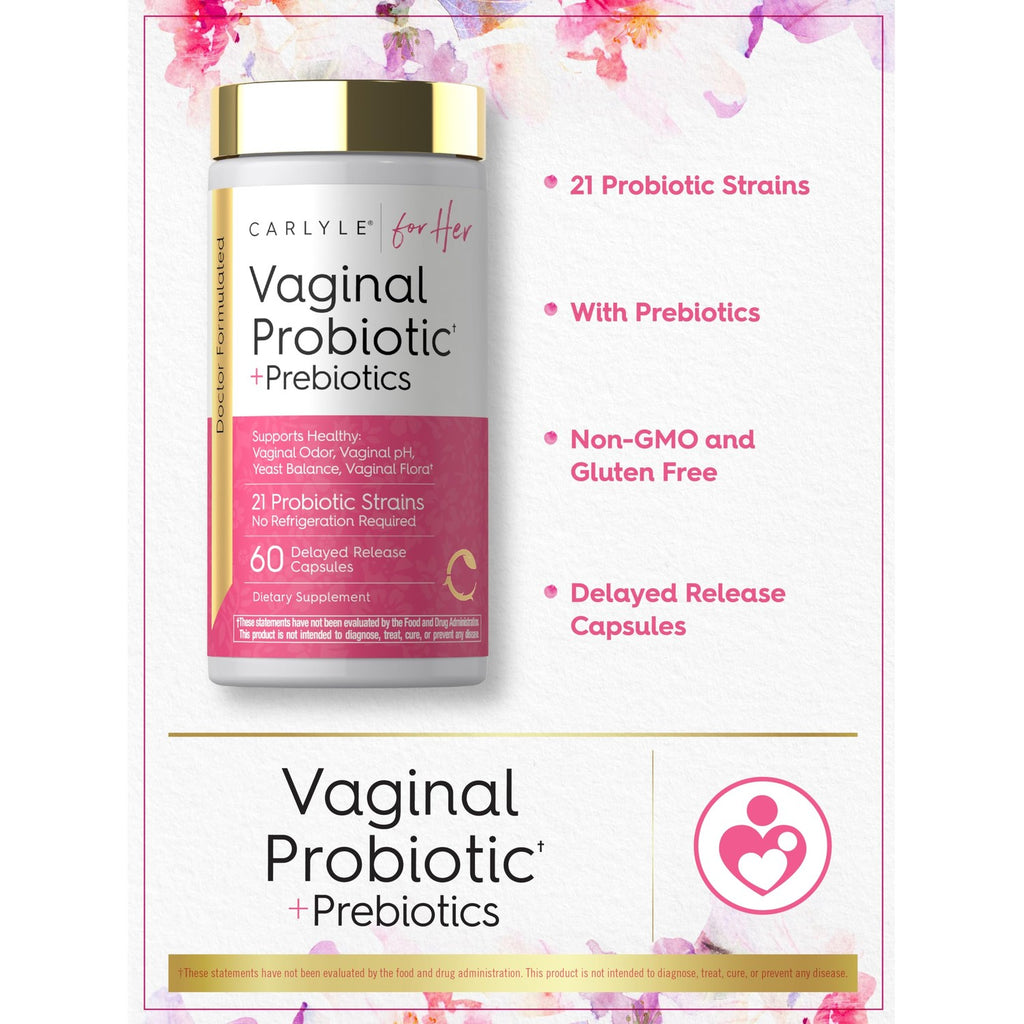 Carlyle Vaginal Probiotics for Women | 60 Capsules | with Prebiotics | Supports Healthy Odor, pH, Yeast Balance, and Flora | Vegan, Non-GMO, Gluten Free | For Her