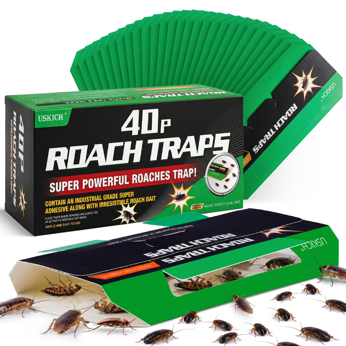USKICH 40-Pack Roach Traps Indoor, Sticky Cockroach Trap, Glue Roach Traps, Roach Motel, Glue Traps for Roaches, Kid & Pet Friendly (Upgrade Recipe)