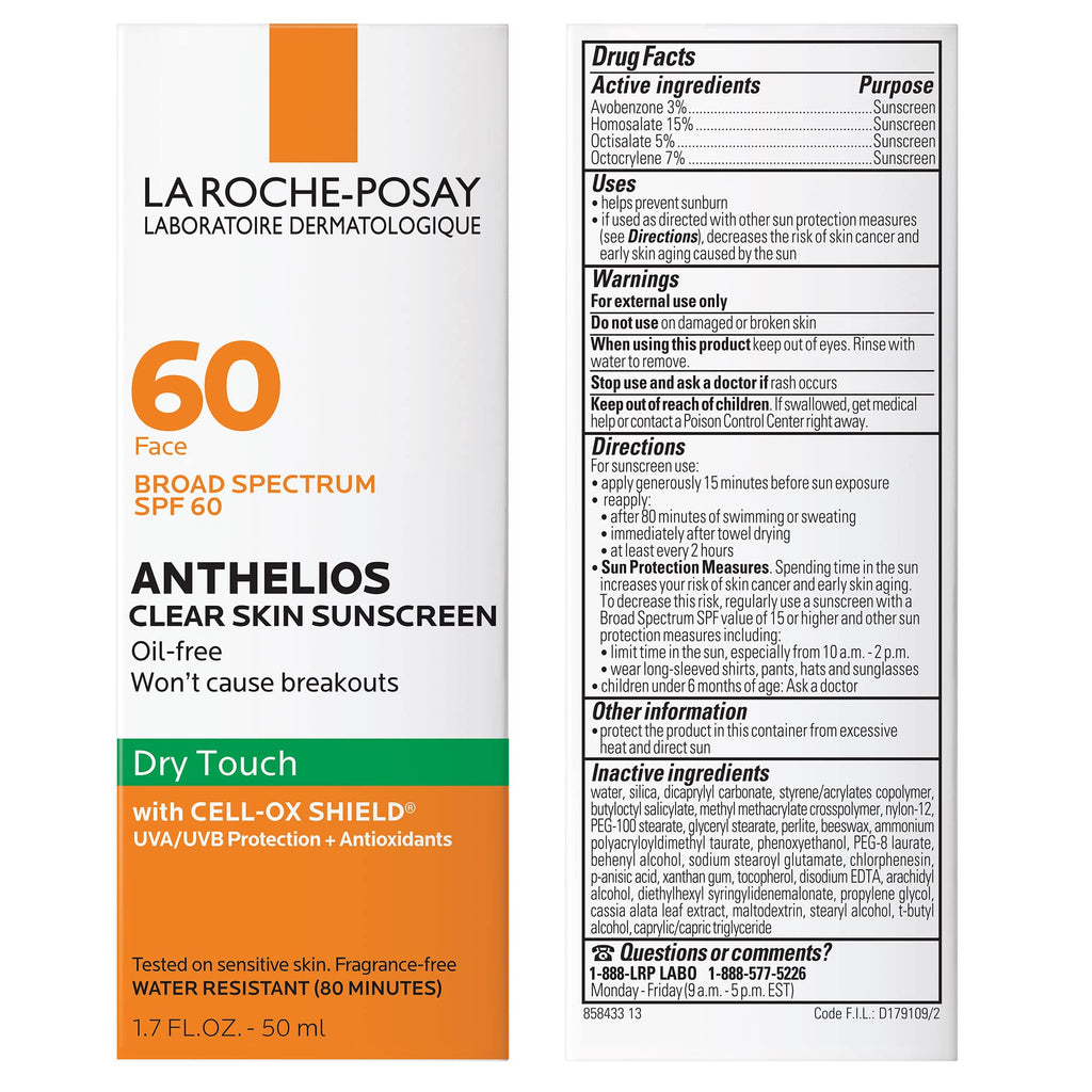 La Roche-Posay Anthelios Clear Skin Sunscreen Dry Touch SPF 60, Oil Free Sunscreen For Face, Oil Absorbing, Broad Spectrum SPF + Antioxidants, Non-Greasy, Oxybenzone Free, Travel Size