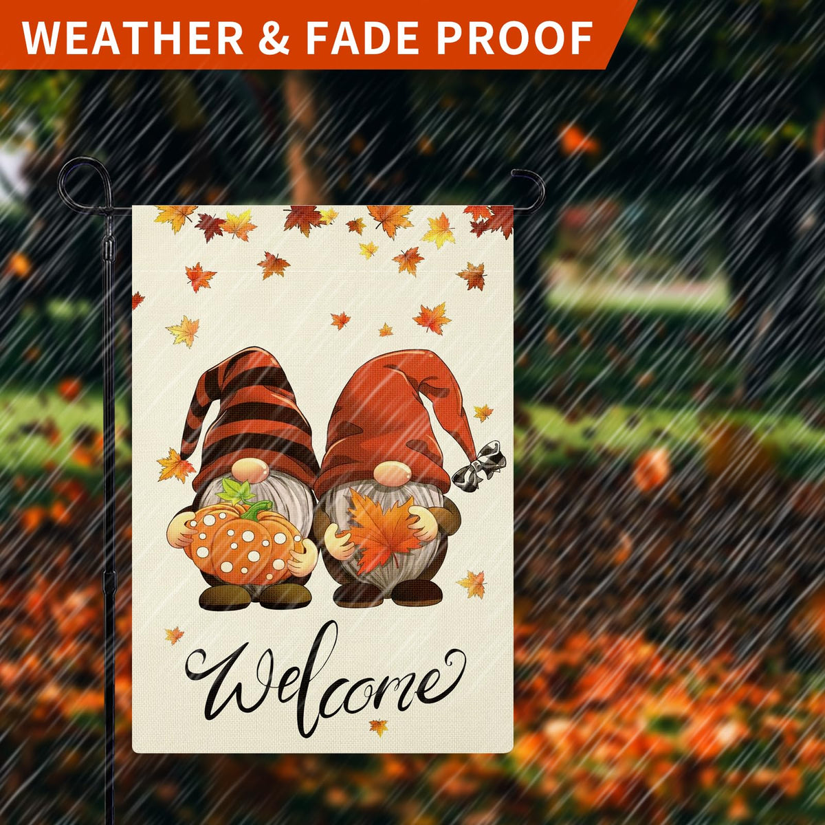 Fall Garden Flag Double Sided, Welcome Gnomes Fall Flag Yard Flag for Seasonal Outdoor Decoration 12x18 Inch
