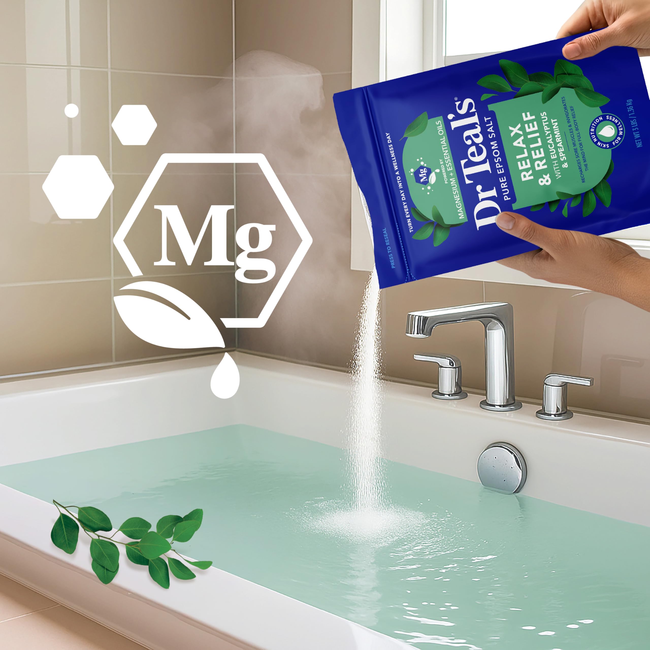 Dr Teal's Epsom Salt Magnesium Soak, Relax & Relief with Eucalyptus & Spearmint Essential Oils, 3 lbs