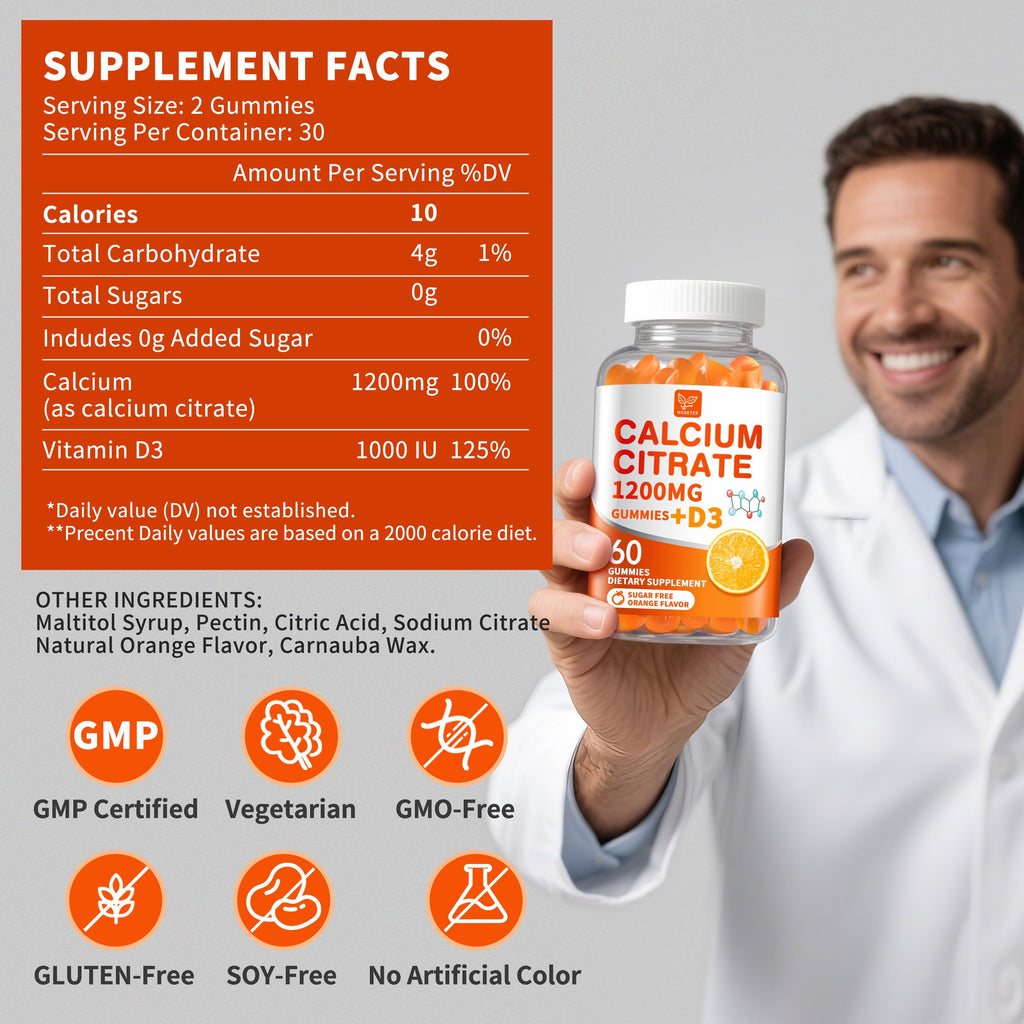 (2 Pack) Calcium Citrate 1200 mg with Vitamin D3 Gummies for Women & Men,Calcium Supplements for Bone & Teeth Support,High Absorption - Easy to Digest, Sugar Free,Vegan,Orange Flavor,60 Day Supply