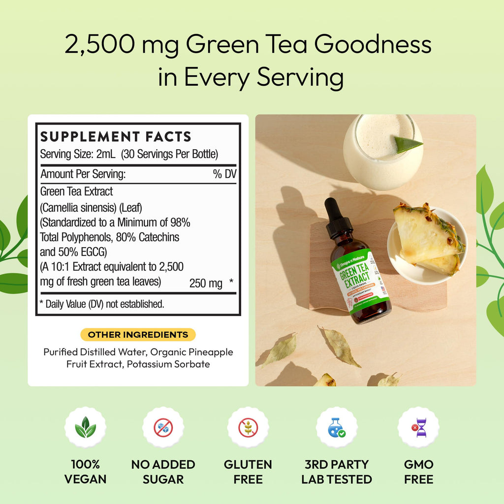 Drops of Nature Green Tea 10:1 Extract Liquid Supplement - Pineapple, 60 mL | 50% EGCG, 80% Catechins, Antioxidant & Immune Health Support, 4X Faster Absorption than Pills & Capsules, Vegan, Gluten-Free