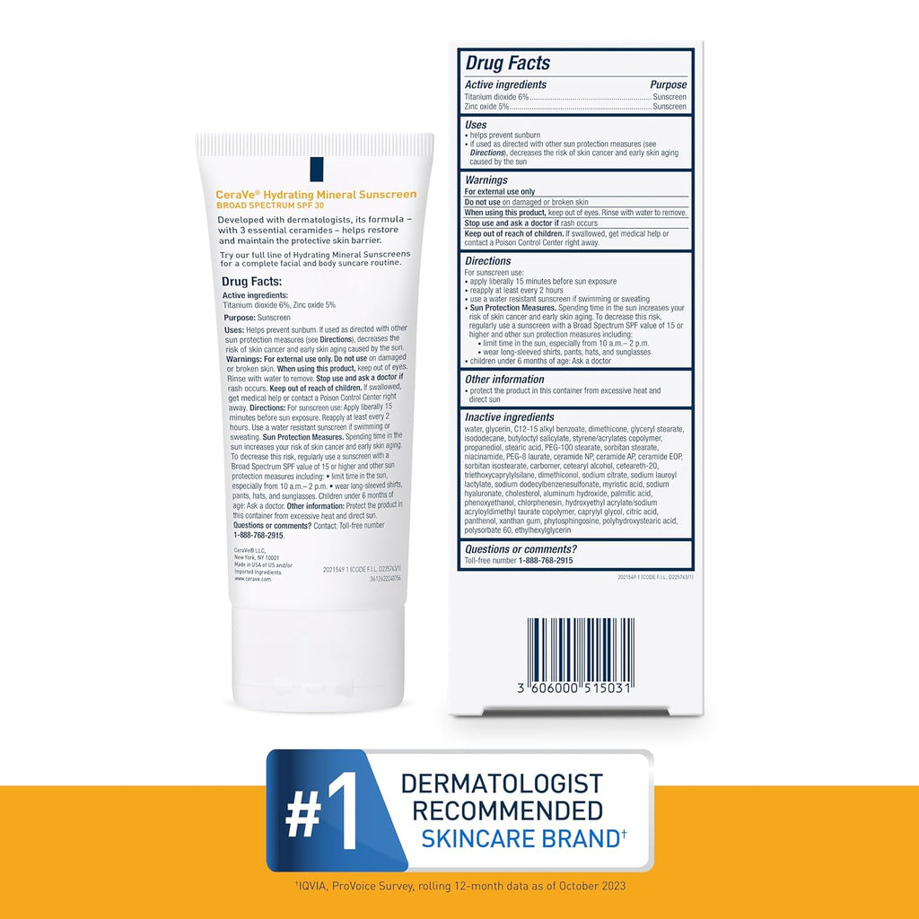 Buy now CeraVe 100% Mineral Sunscreen SPF 30, Face sunscreen With Zinc Oxide & Titanium Dioxide, Hyaluronic Acid + Niacinamide + Ceramides, Oil Free, Travel Size 2.5 oz at indiglob india