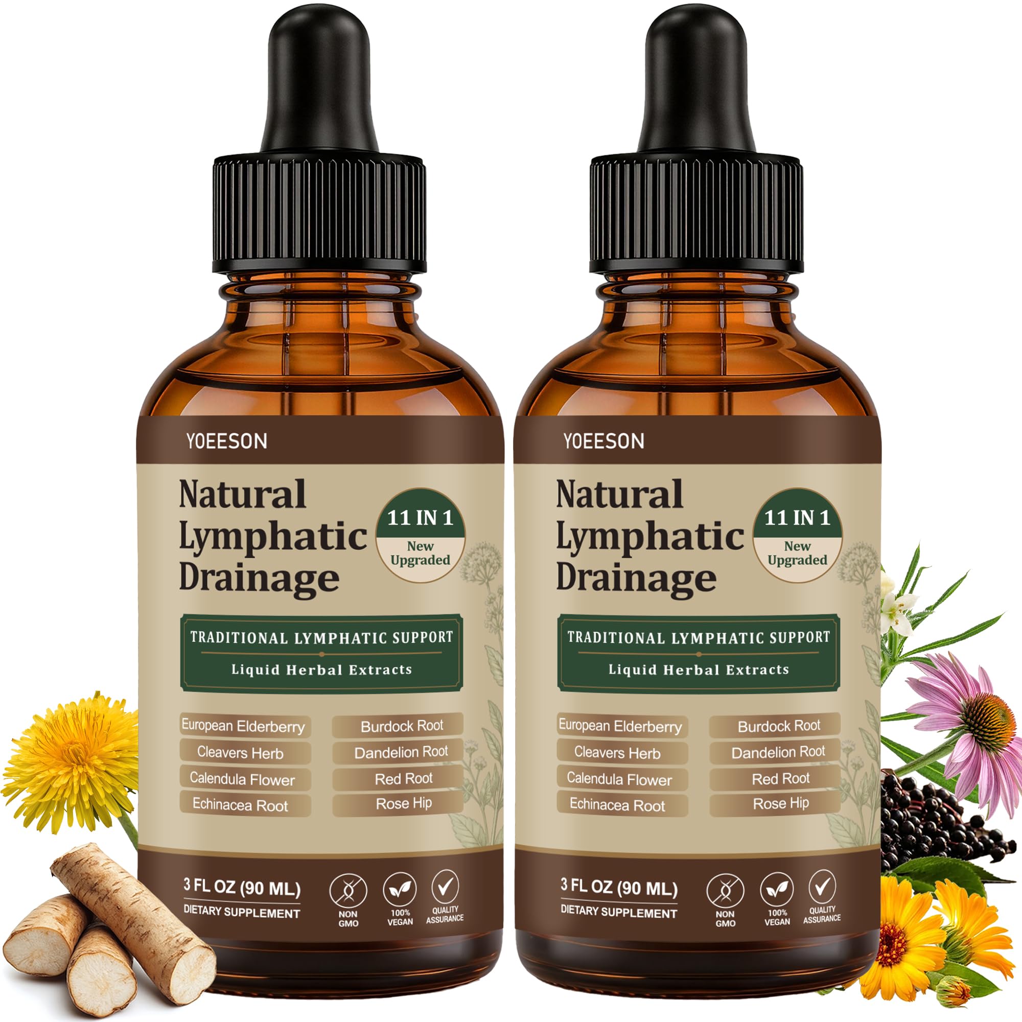 Natural Lymphatic Drainage 11-in-1 Herbal Liquid Supplement - 90 Day Supply | with Cleavers,Elderberry, Echinacea, Dandelion, Calendula & Burdock, Supports Lymphatic Health, Detox & Daily Wellness