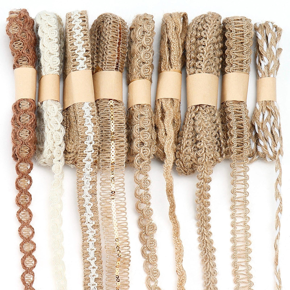 9 Rolls Jute Burlap Lace Ribbon Trim, 18 Meters Decorative Craft Fabric Ribbons for Crafts Wrapping Sewing Wedding Party Decorations