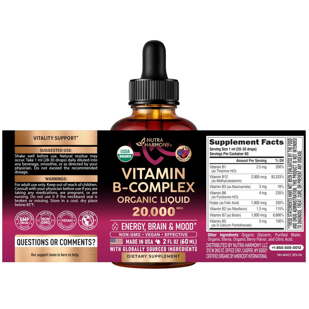 USDA Organic Vitamin B-Complex 20000mcg - B5, B12, B1, B6, B7, B9, B3 - 2Oz | B Complex Liquid Drops - Pantothenic Acid, Methylcobalamin, Thiamine, Pyridoxine, Biotin, Folic, Niacinamide - Berry Flavor