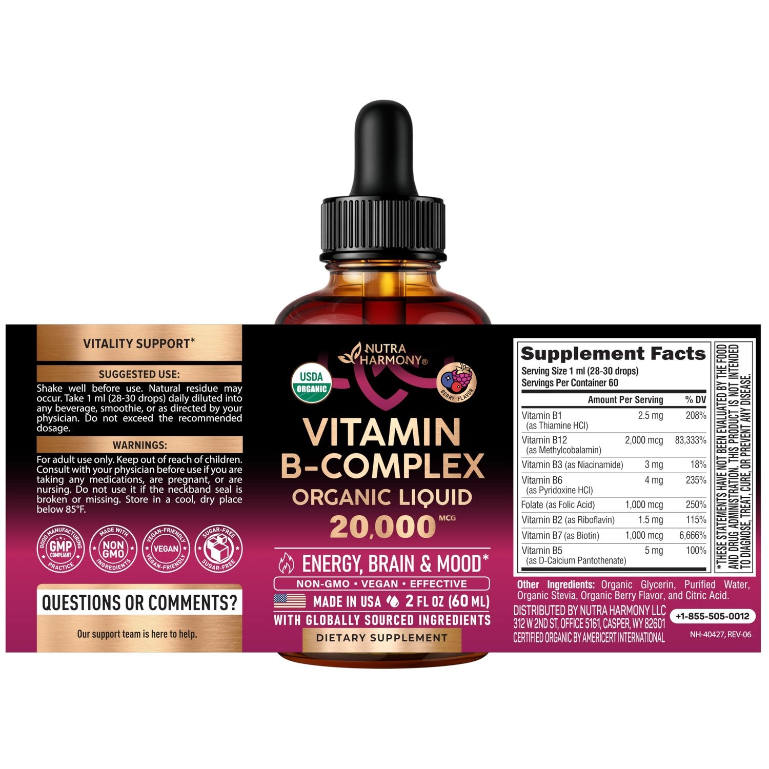 USDA Organic Vitamin B-Complex 20000mcg - B5, B12, B1, B6, B7, B9, B3 - 2Oz | B Complex Liquid Drops - Pantothenic Acid, Methylcobalamin, Thiamine, Pyridoxine, Biotin, Folic, Niacinamide - Berry Flavor