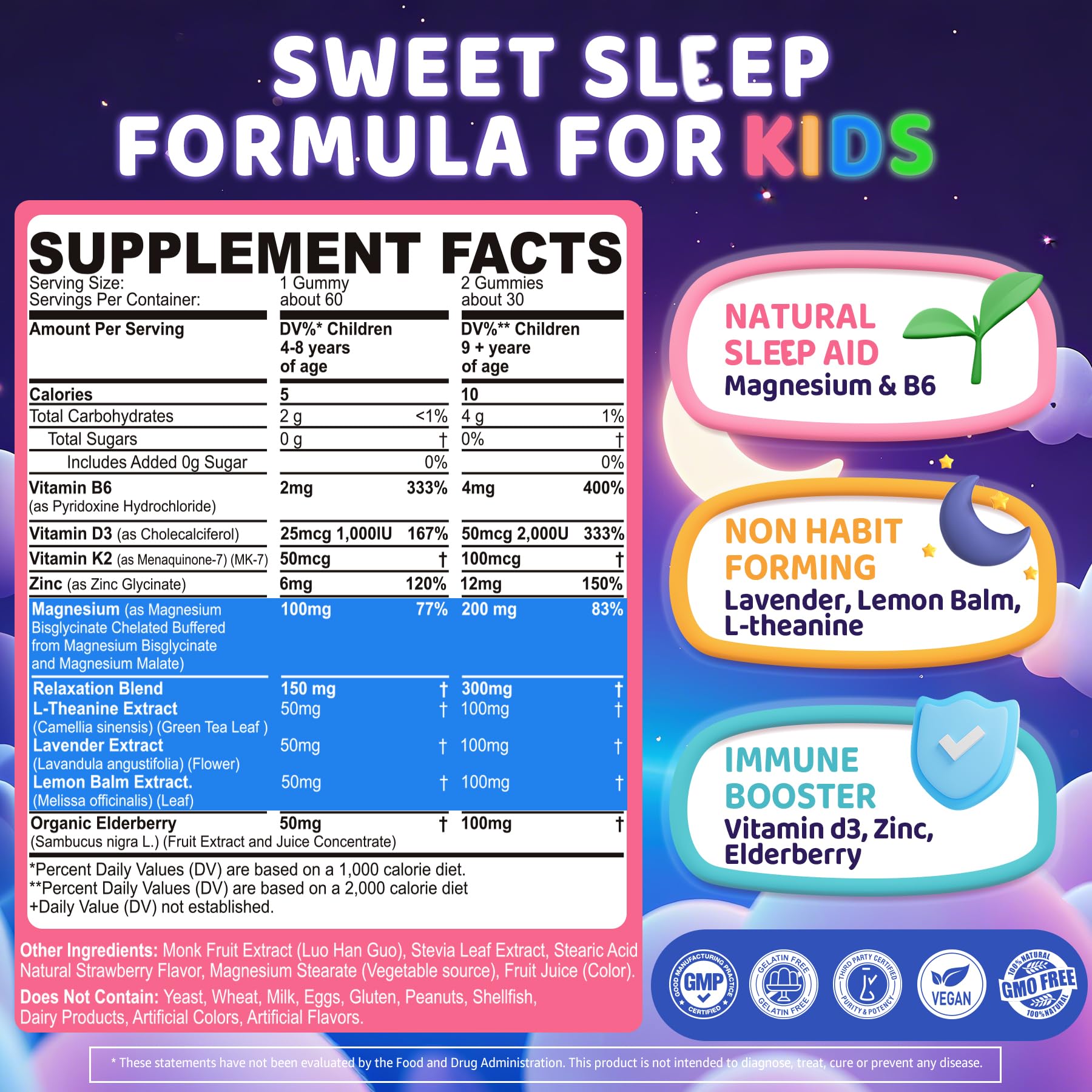 Kids Sleep Gummies, NO Melatonin Sleep Aid Gummies w/ Magnesium Glycinate, Magnesium Malate, L-Theanine, Lavender, B6, Zinc, D3K2 for Restful Sleep, Relax Brain & Muscle, Immune Support, Non-GMO 2Pack