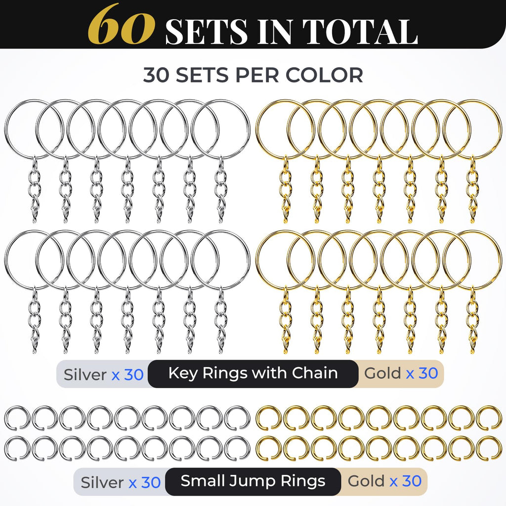Teenitor 120 Pcs Key Chain Rings, Split Key Ring with Keychain Chain & Small Jump Ring, 60 Sets Key Chain Making Kit Metal Key Rings for Crafts, DIY Keychains, Silver & Gold