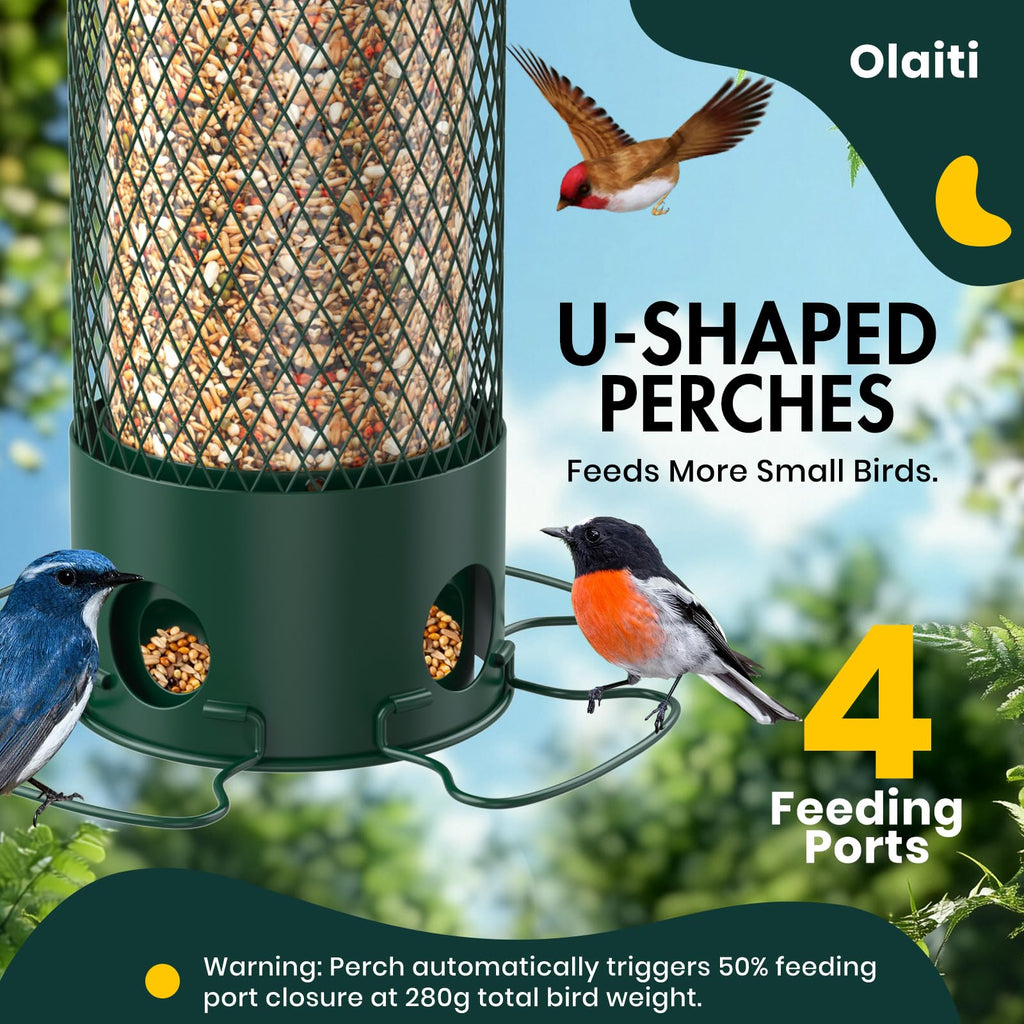 Metal Squirrel Proof Bird Feeders for Outdoors Hanging,Weight-Activated Large Capacity Feeder for Wild Finch, Cardinal,Blue Jay, Chickadee, Weatherproof and Durable 4 Perches,Green