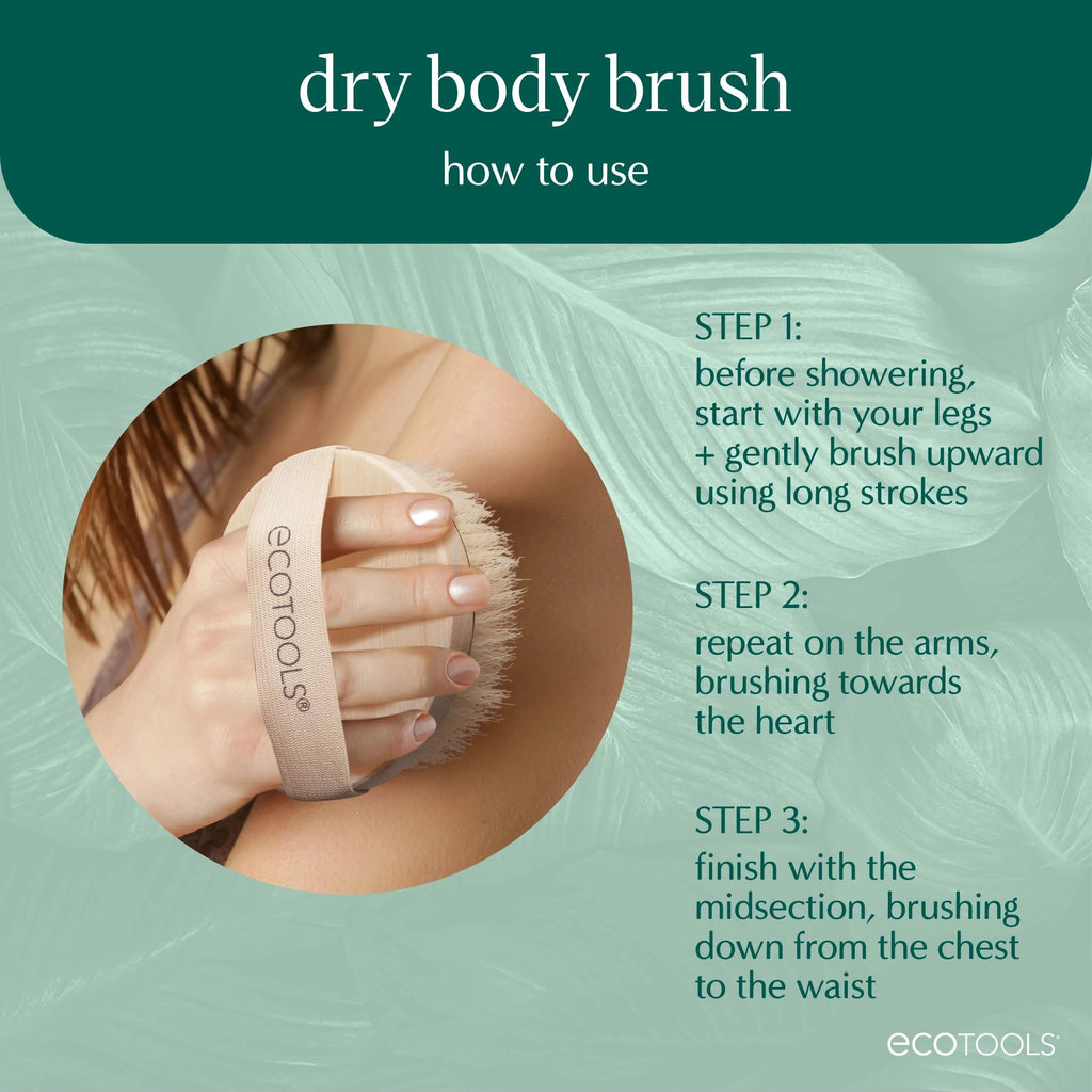 EcoTools Dry Body Brush for Dry Brushing, Smooth Skin, 1 Count | Soft, glowing skin, body scrub brush, leg exfoliator, travel size, bamboo handle