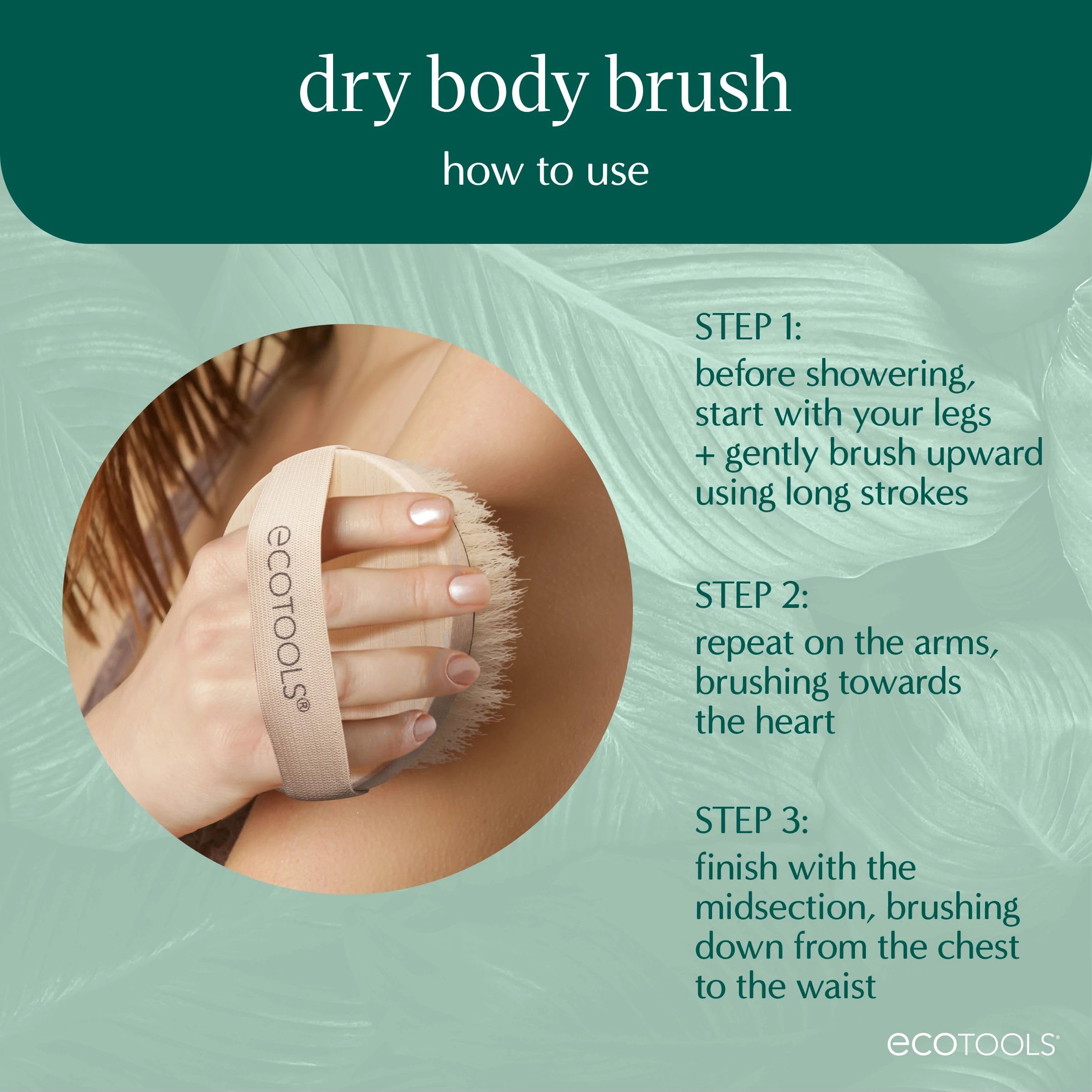 EcoTools Dry Body Brush for Dry Brushing, Smooth Skin, 1 Count | Soft, glowing skin, body scrub brush, leg exfoliator, travel size, bamboo handle