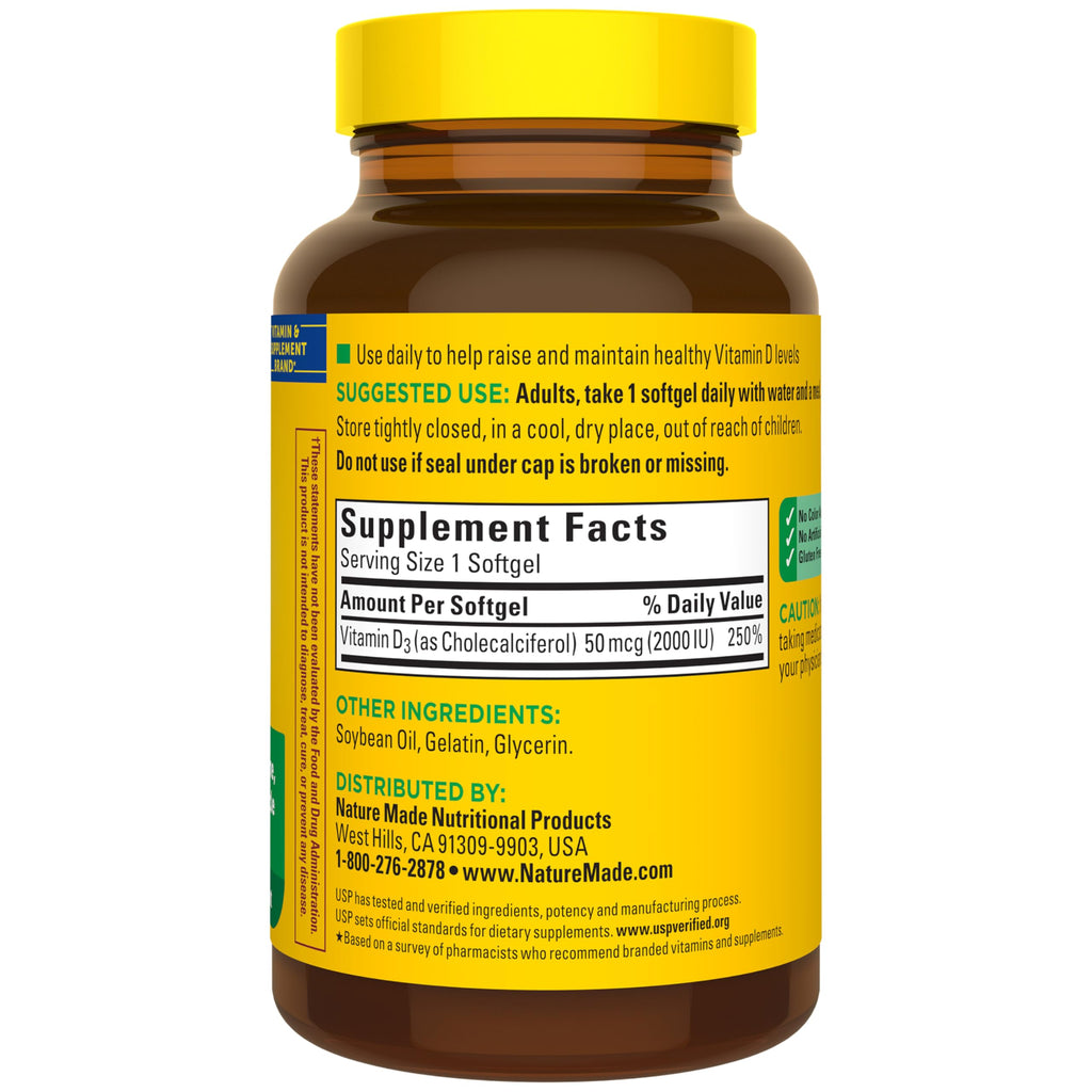 Nature Made Vitamin D3 2000 IU (50 mcg), 250 Vitamin D Softgels | Vitamin D Supplement for Immune, Bone, Teeth and Muscle Health Support, 250 Day Supply