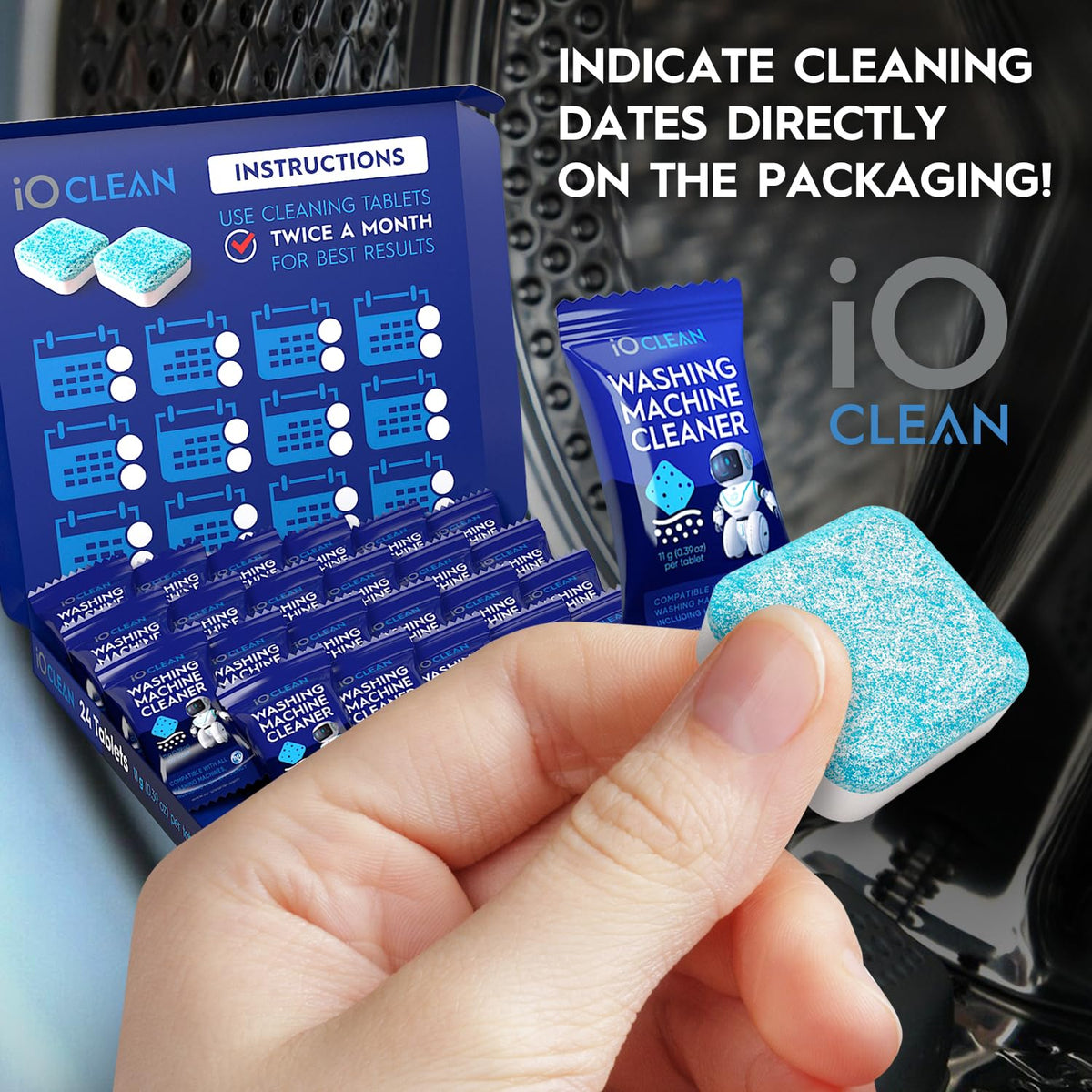 iO CLEAN Washing Machine Cleaner Descaler Tablets, 24 Count |1 Year Supply