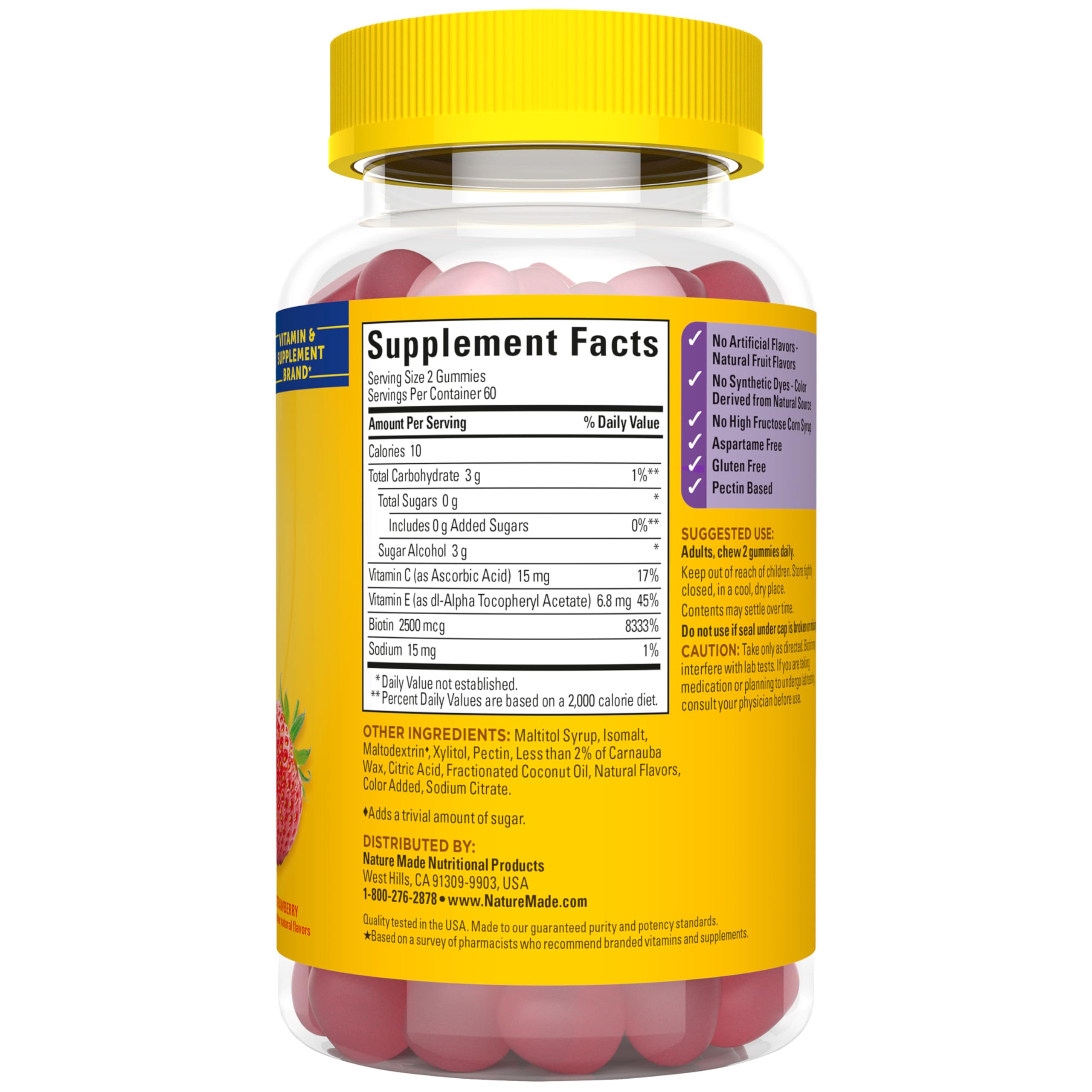 Nature Made Zero Sugar Hair Skin Nails Gummies, 120 Sugar Free Gummies | Biotin 2500 mcg per Serving, Support Healthy Hair, Skin and Nails, Strawberry Flavor, 60 Day Supply
